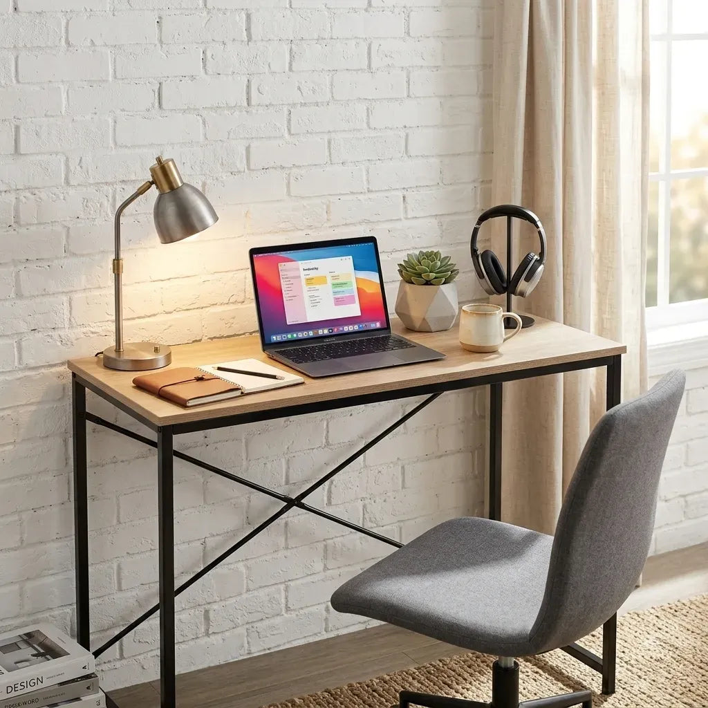 CARLA HOME Office Desk Computer Table - Metal Frame - Oak - 100cm - Brown - Rustic