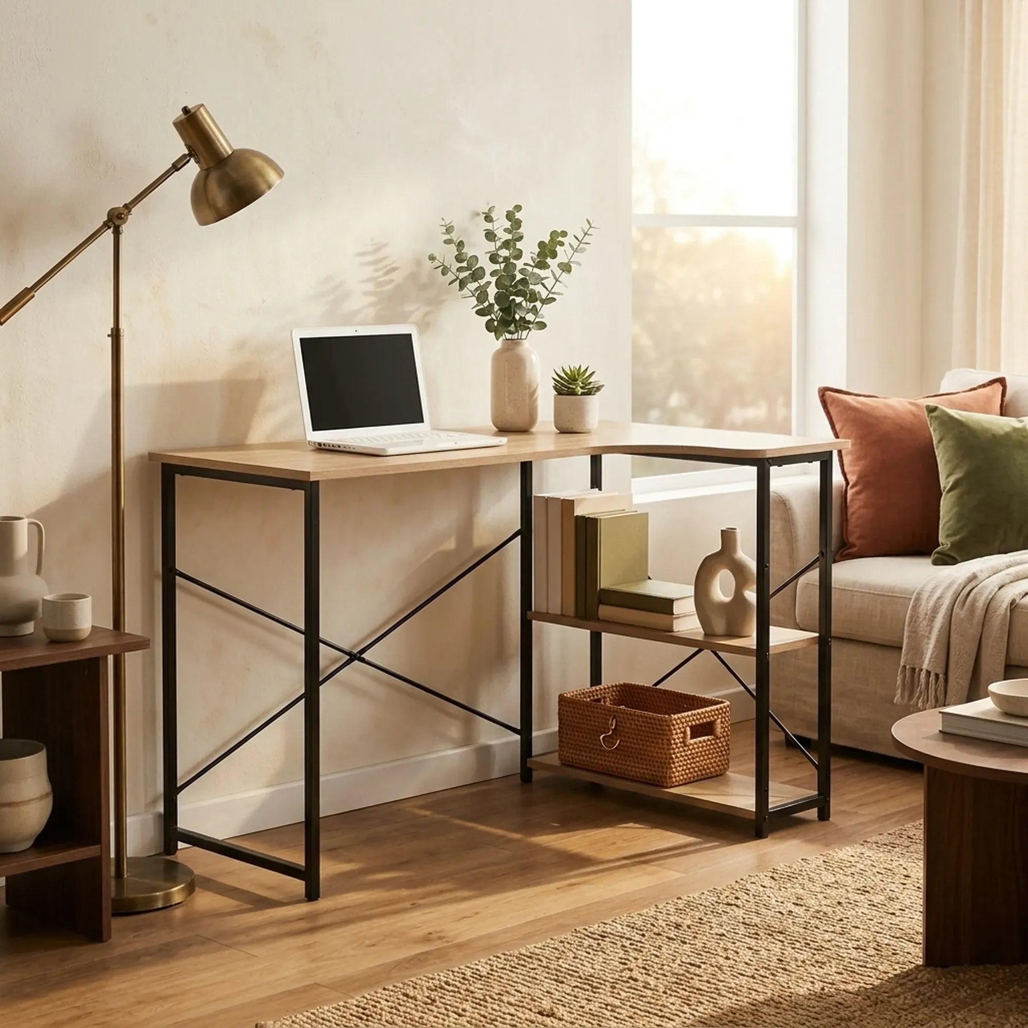 CARLA HOME Office Desk with 2 Shelves - Metal Frame - Natural - 120cm - Brown - Rustic