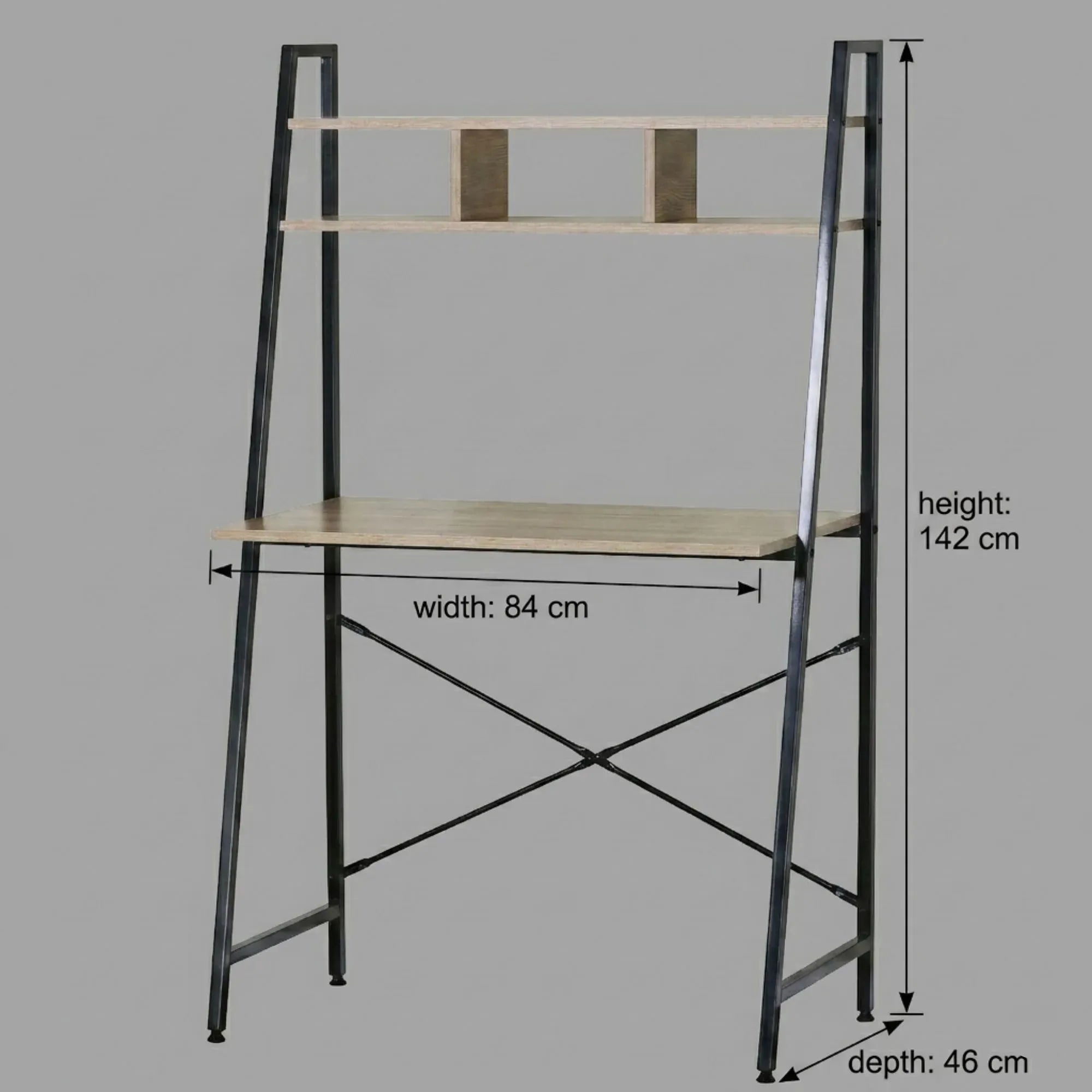 CARLA HOME Ladder Desk with Shelves - Steel Frame - Oak - 84cm - Brown - Study Desk