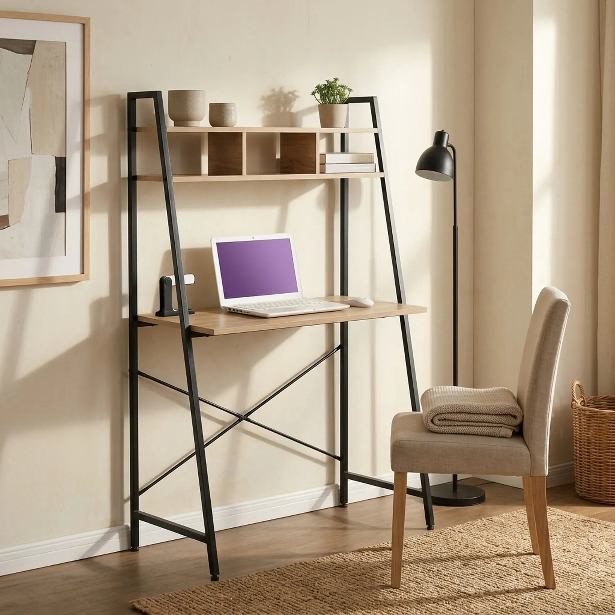 CARLA HOME Ladder Desk with Shelves - Steel Frame - Oak - 84cm - Brown - Study Desk
