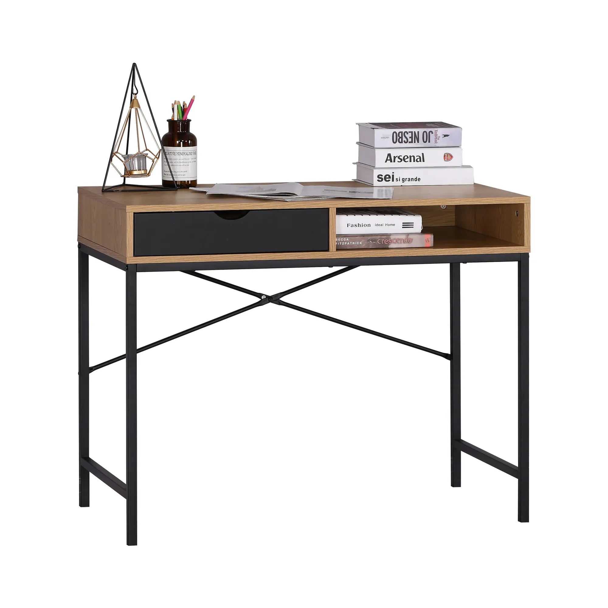 CARLA HOME Oak Computer Desk with Drawer - Mdf Steel Frame - Brown - Rustic - Office Desk Computer