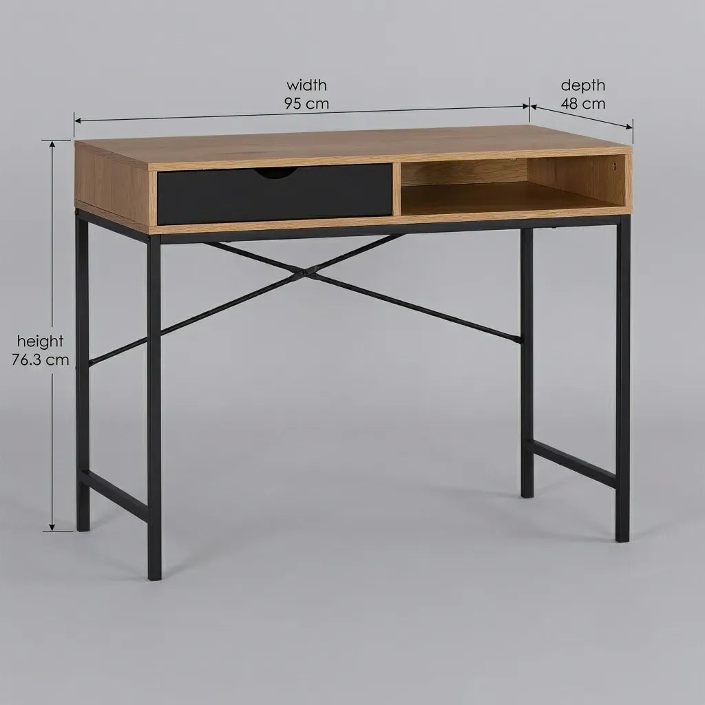 CARLA HOME Oak Computer Desk with Drawer - Mdf Steel Frame - Brown - Rustic - Office Desk Computer