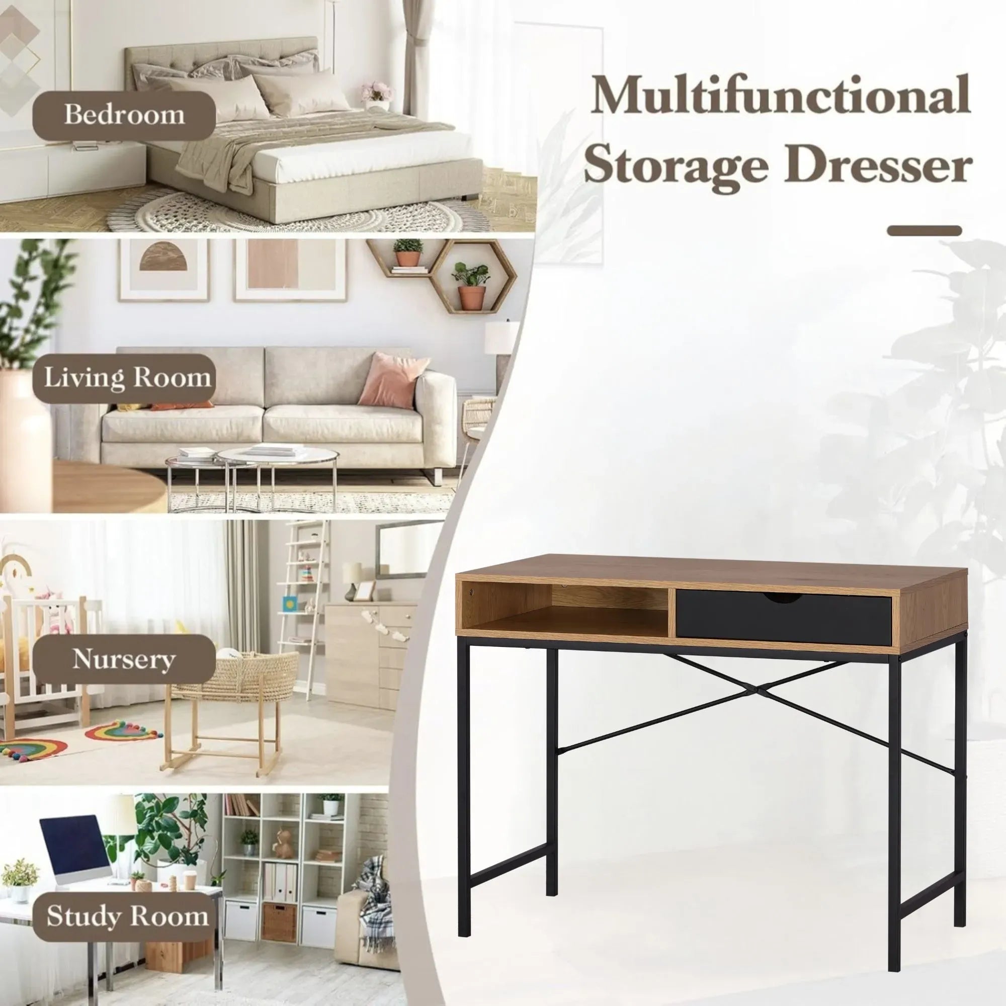 CARLA HOME Oak Computer Desk with Drawer - Mdf Steel Frame - Brown - Rustic - Office Desk Computer