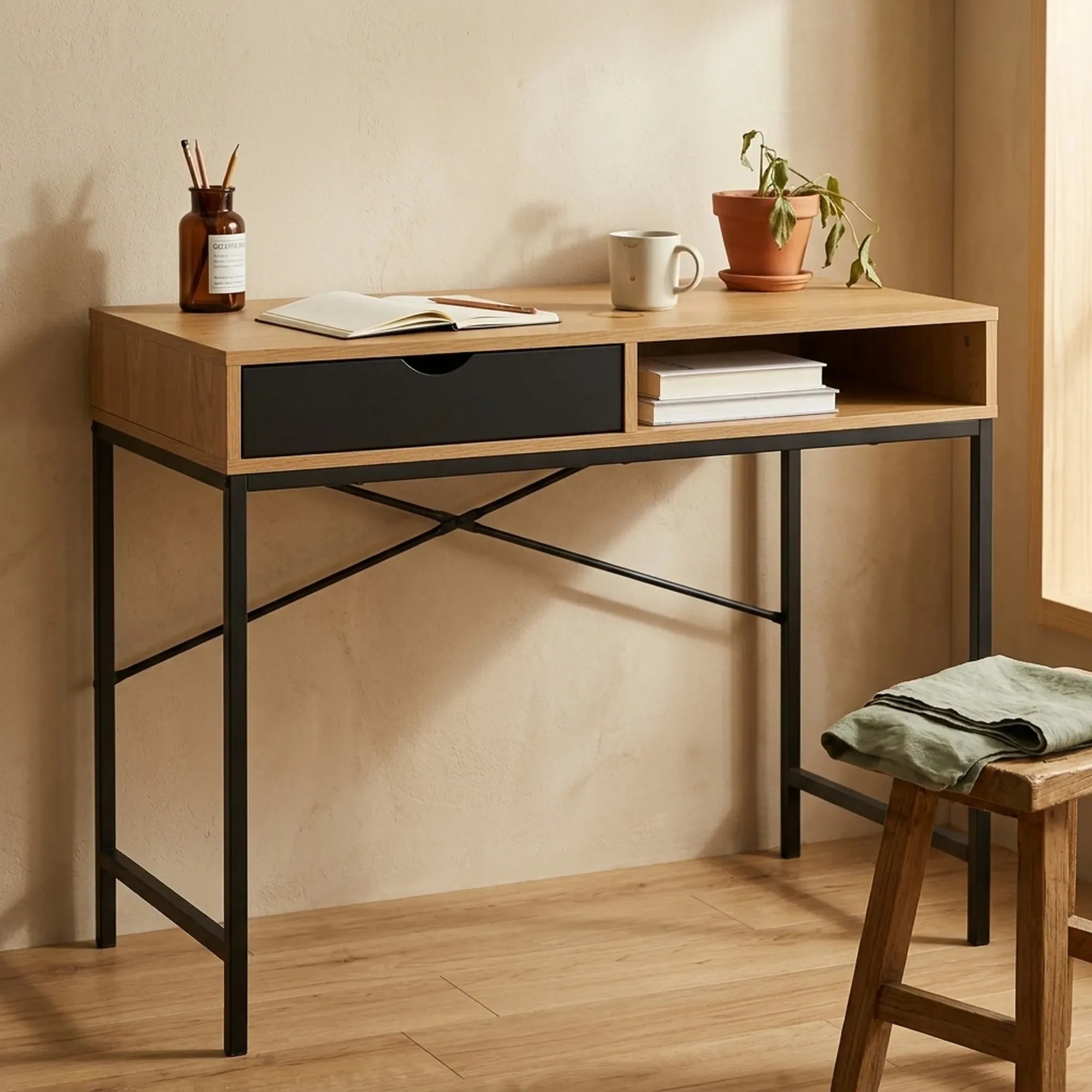 CARLA HOME Oak Computer Desk with Drawer - Mdf Steel Frame - Brown - Rustic - Office Desk Computer