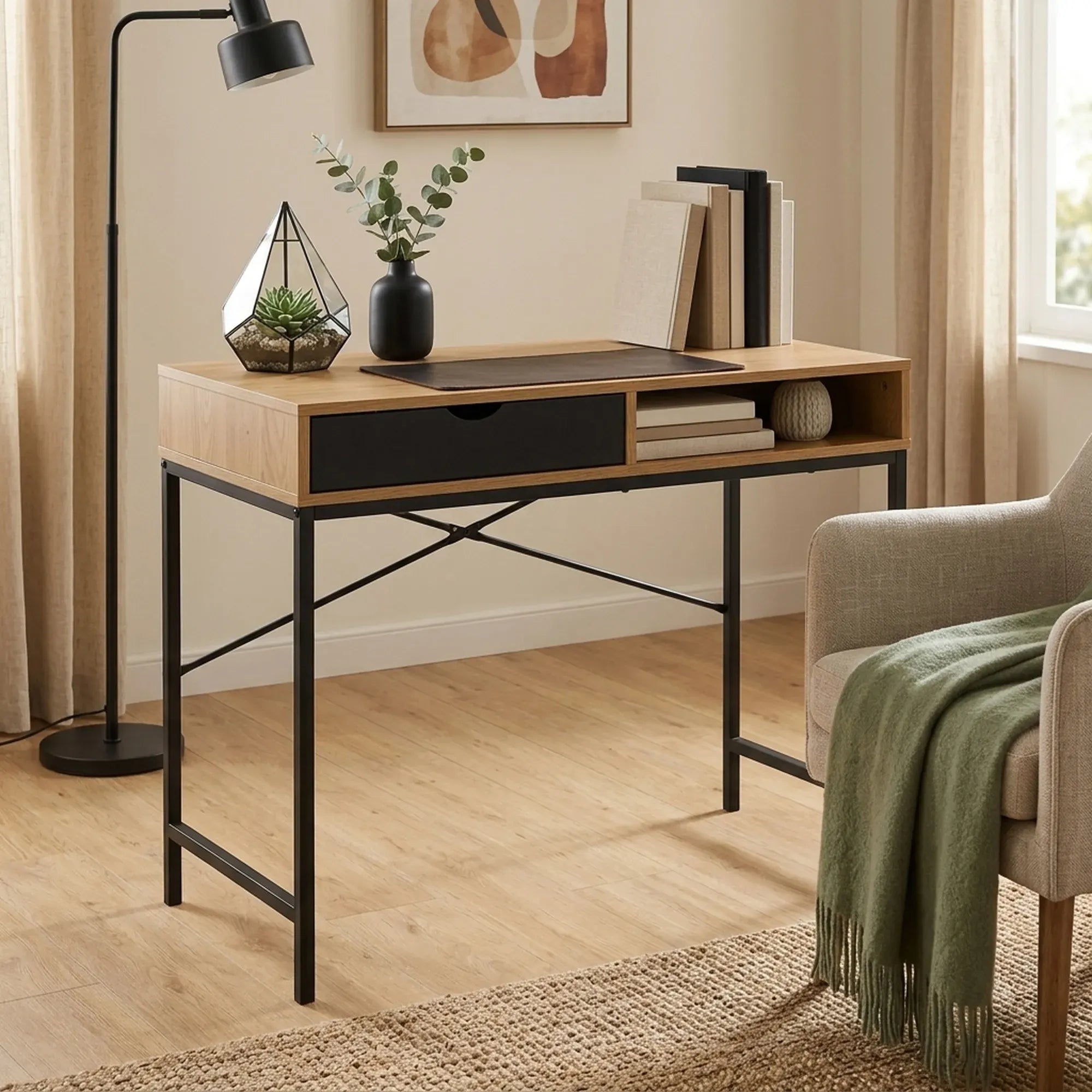 CARLA HOME Oak Computer Desk with Drawer - Mdf Steel Frame - Brown - Rustic - Office Desk Computer