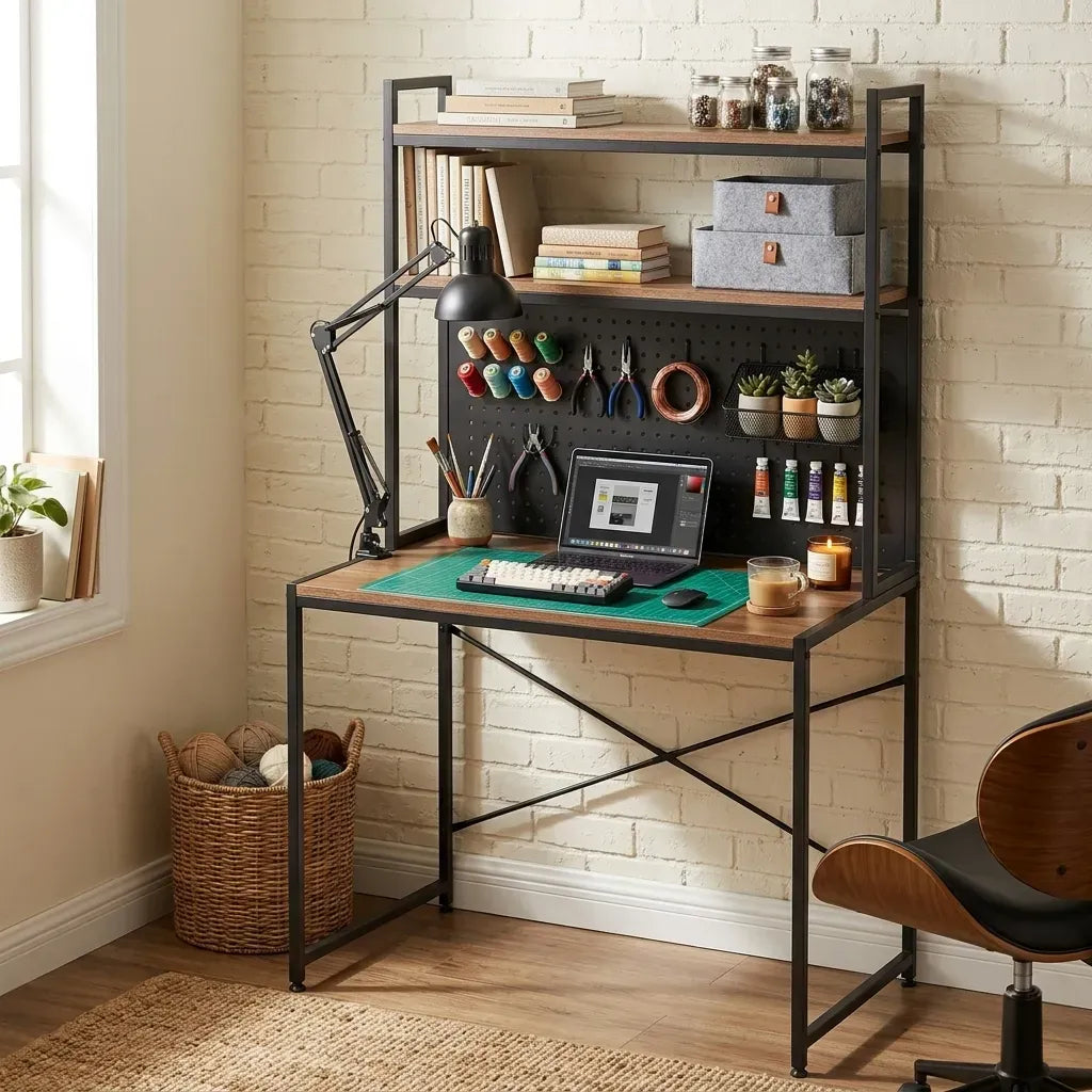 CARLA HOME Computer Desk with Hutch Shelves and Pegboard - Brown - Rustic - Steel