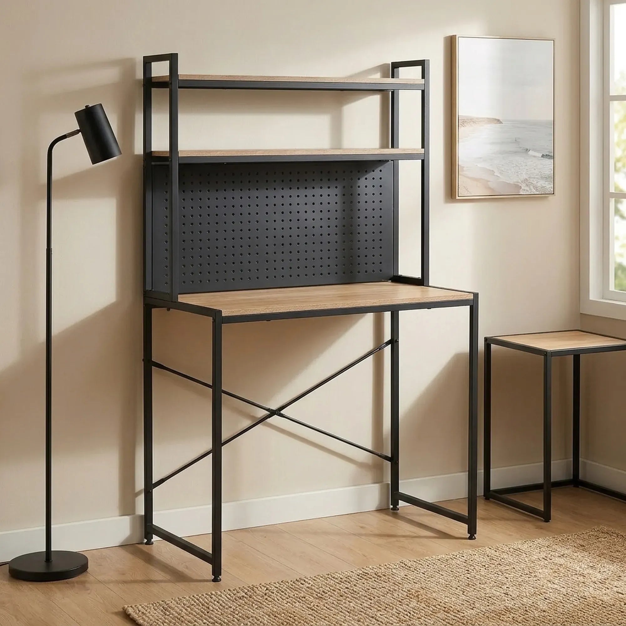 CARLA HOME Computer Desk with Hutch Shelves and Pegboard - Brown - Rustic - Steel