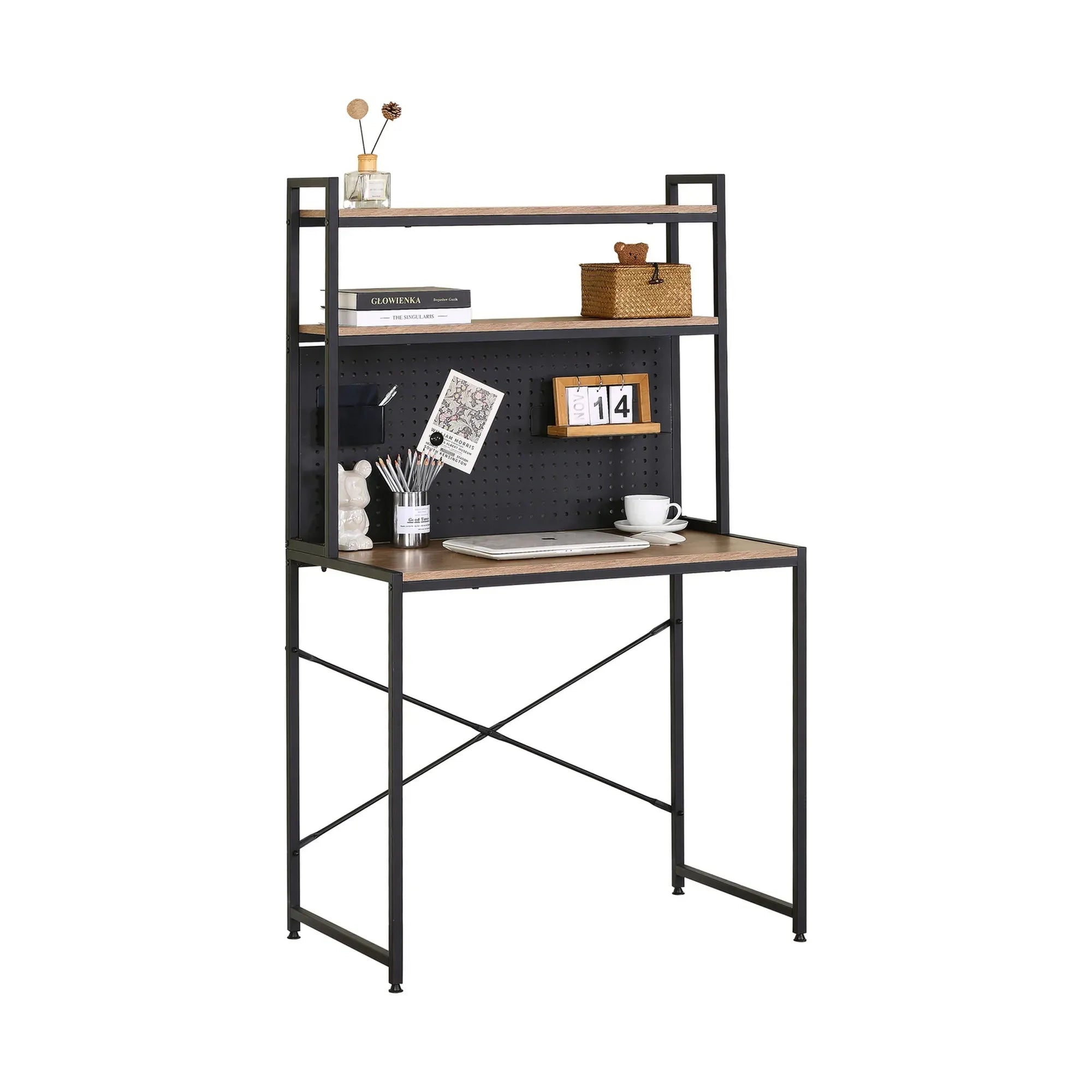 CARLA HOME Computer Desk with Hutch Shelves and Pegboard - Brown - Rustic - Steel