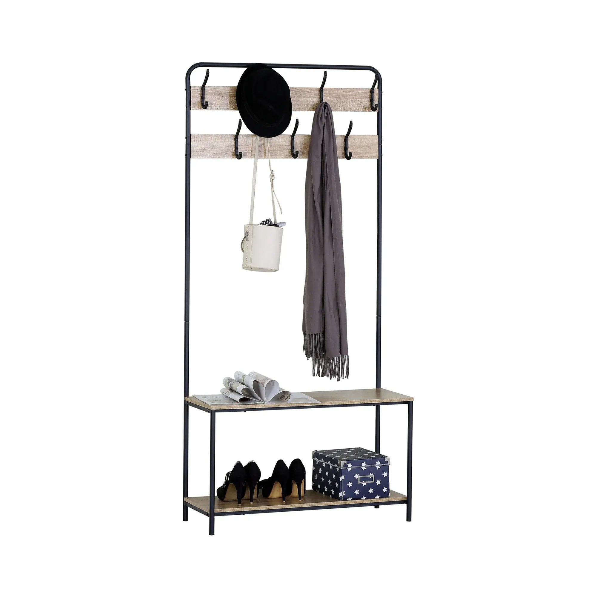 CARLA HOME Hall Tree Coat Rack with Bench - 8 Hooks - Brown - Rustic - Garment Rack