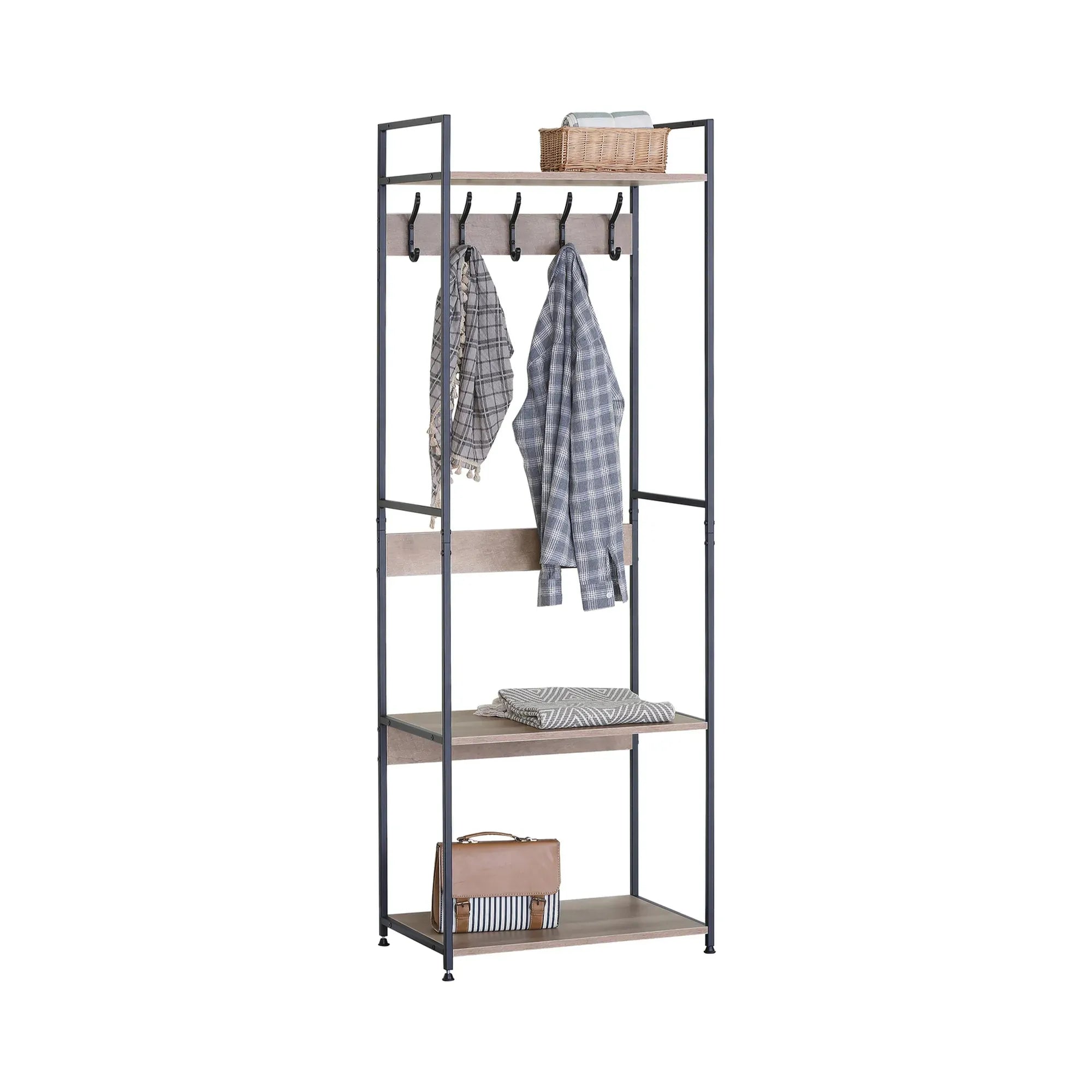 CARLA HOME Freestanding Garment Rack - 5 Hooks 4 Shelves - Brown - Rustic - Steel
