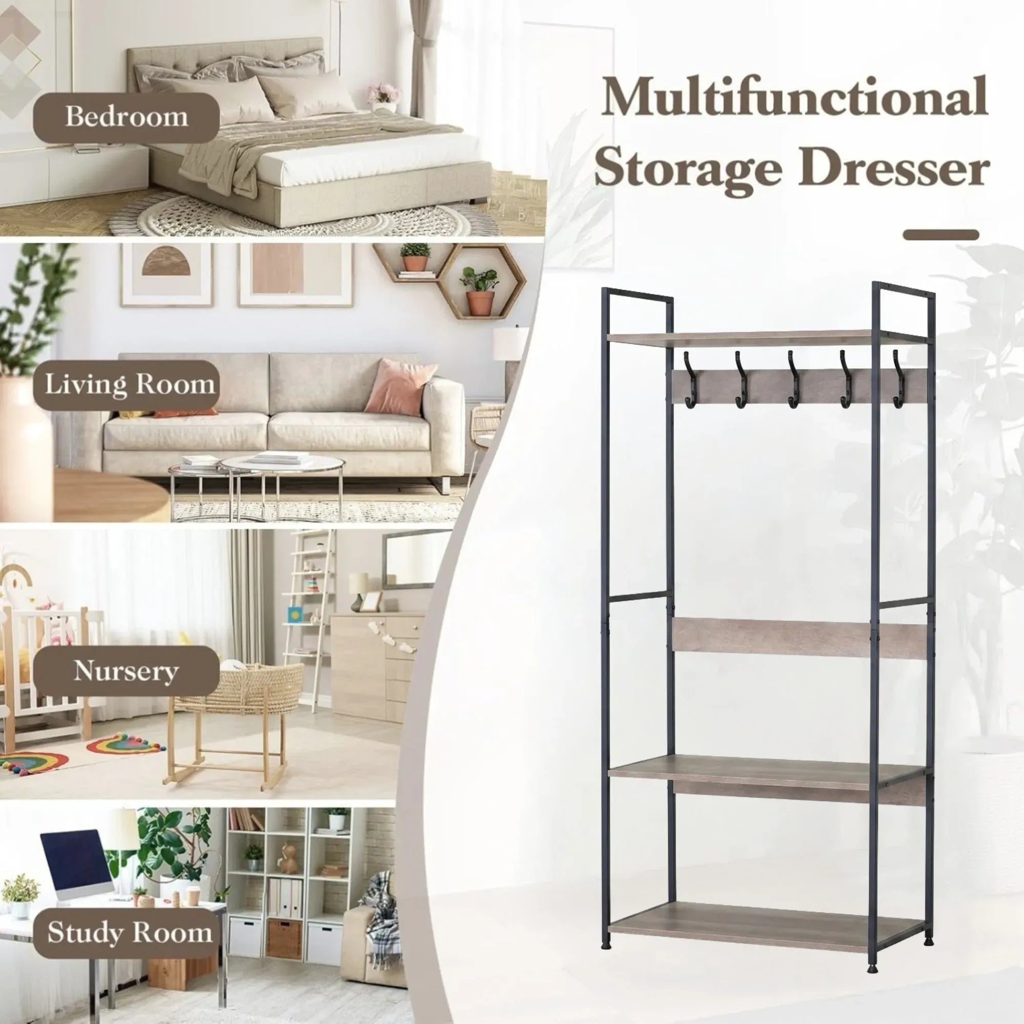 CARLA HOME Freestanding Garment Rack - 5 Hooks 4 Shelves - Brown - Rustic - Steel