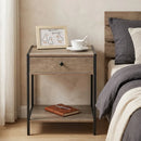 CARLA HOME Brown Bedside Table with Drawer - Steel Frame - Rustic - Nightstand - Side Table Small