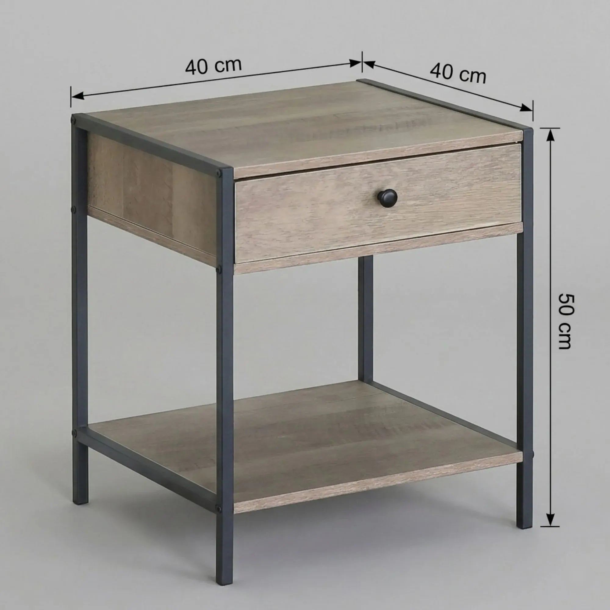 CARLA HOME Brown Bedside Table with Drawer - Steel Frame - Rustic - Nightstand - Side Table Small