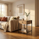 CARLA HOME Brown Bedside Table with Drawer - Steel Frame - Rustic - Nightstand - Side Table Small