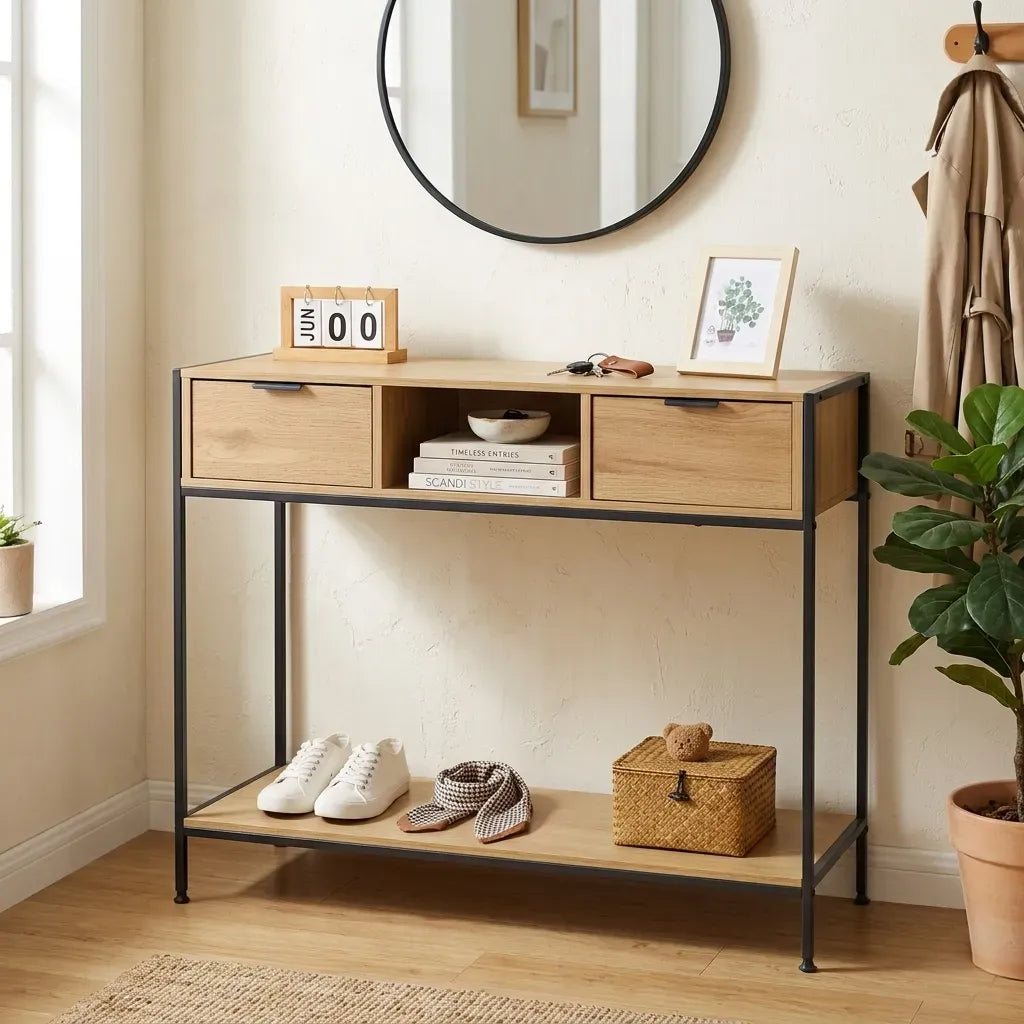 CARLA HOME Console Table with 2 Drawers - Open Shelf - Brown - Console Cabinet - Rustic