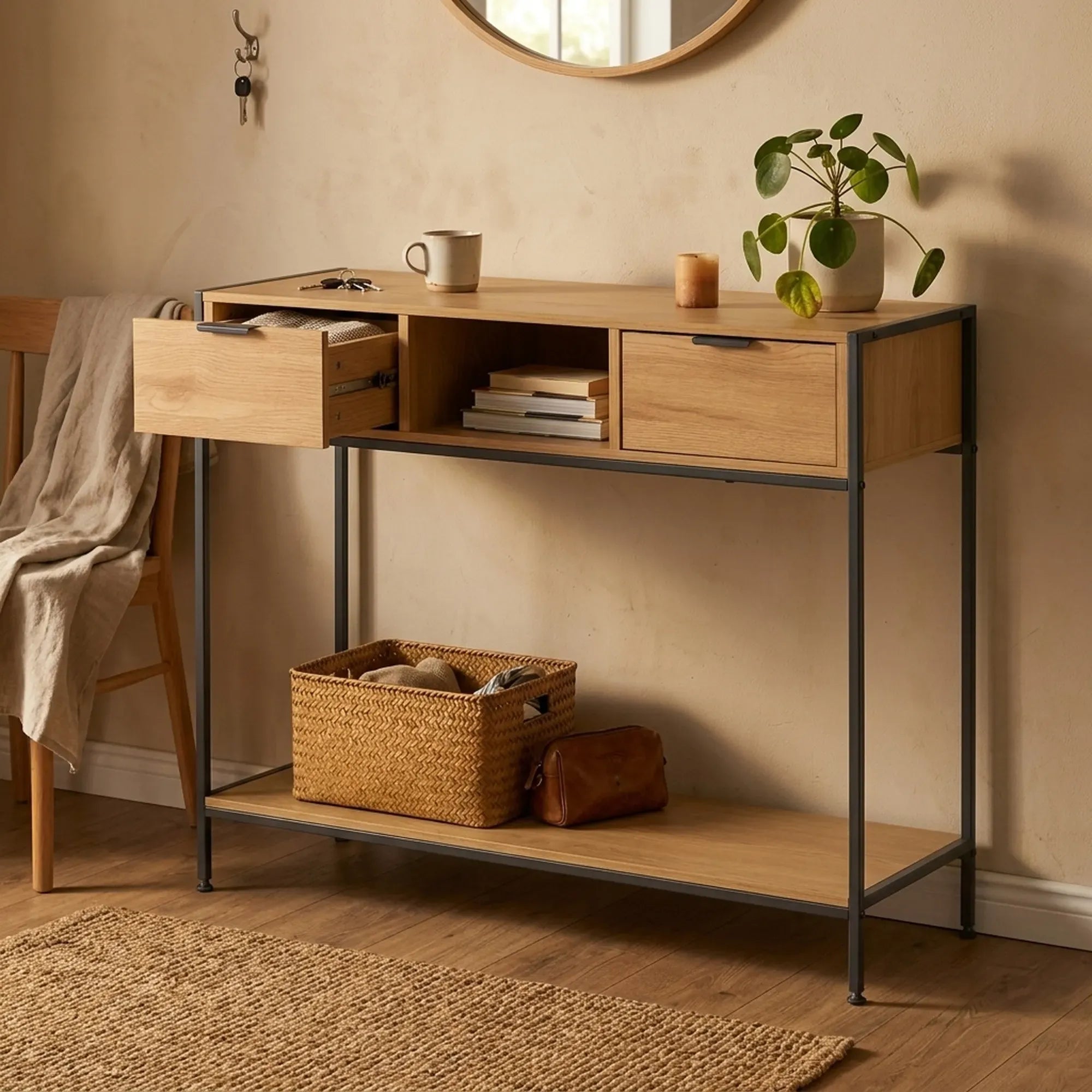 CARLA HOME Console Table with 2 Drawers - Open Shelf - Brown - Console Cabinet - Rustic