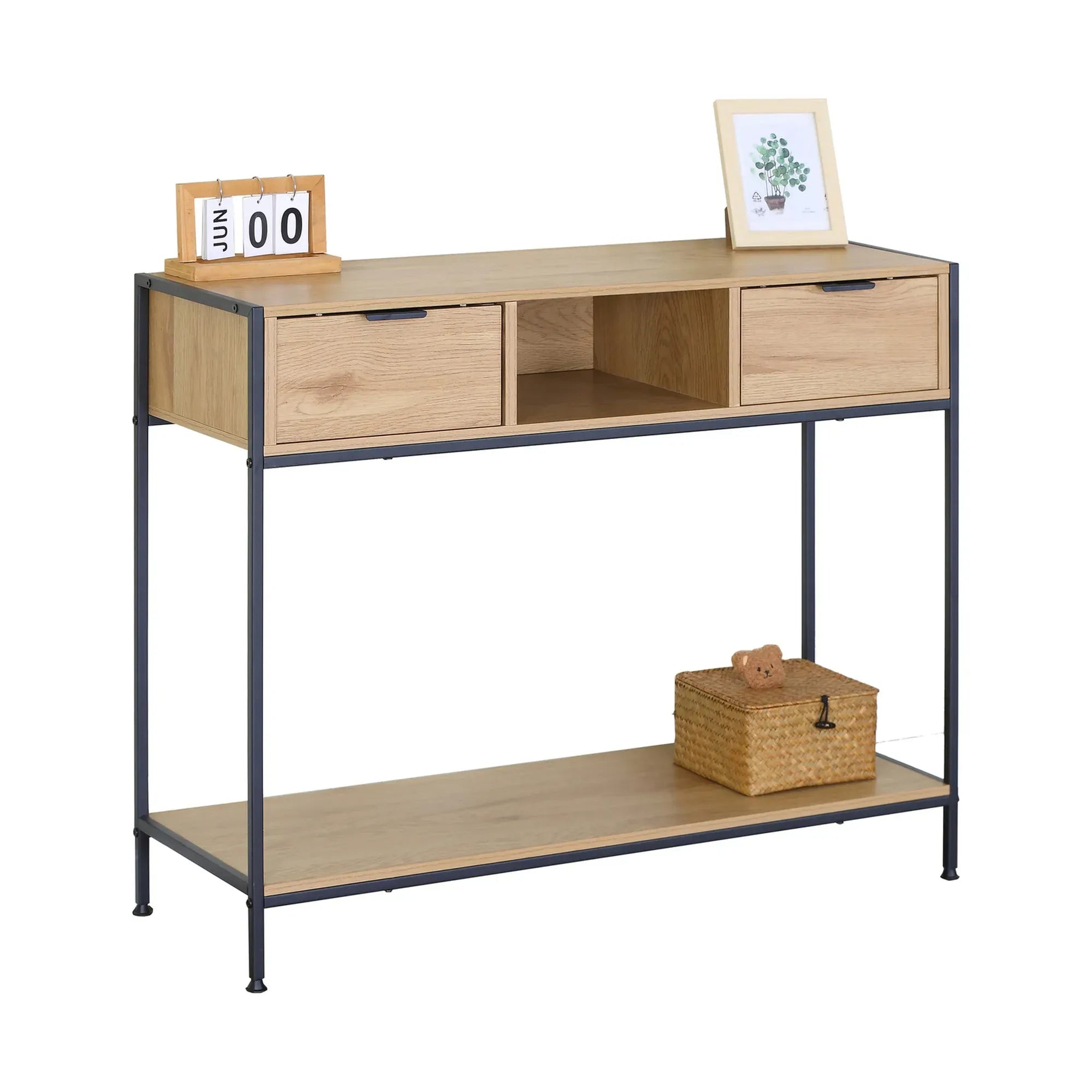 CARLA HOME Console Table with 2 Drawers - Open Shelf - Brown - Console Cabinet - Rustic
