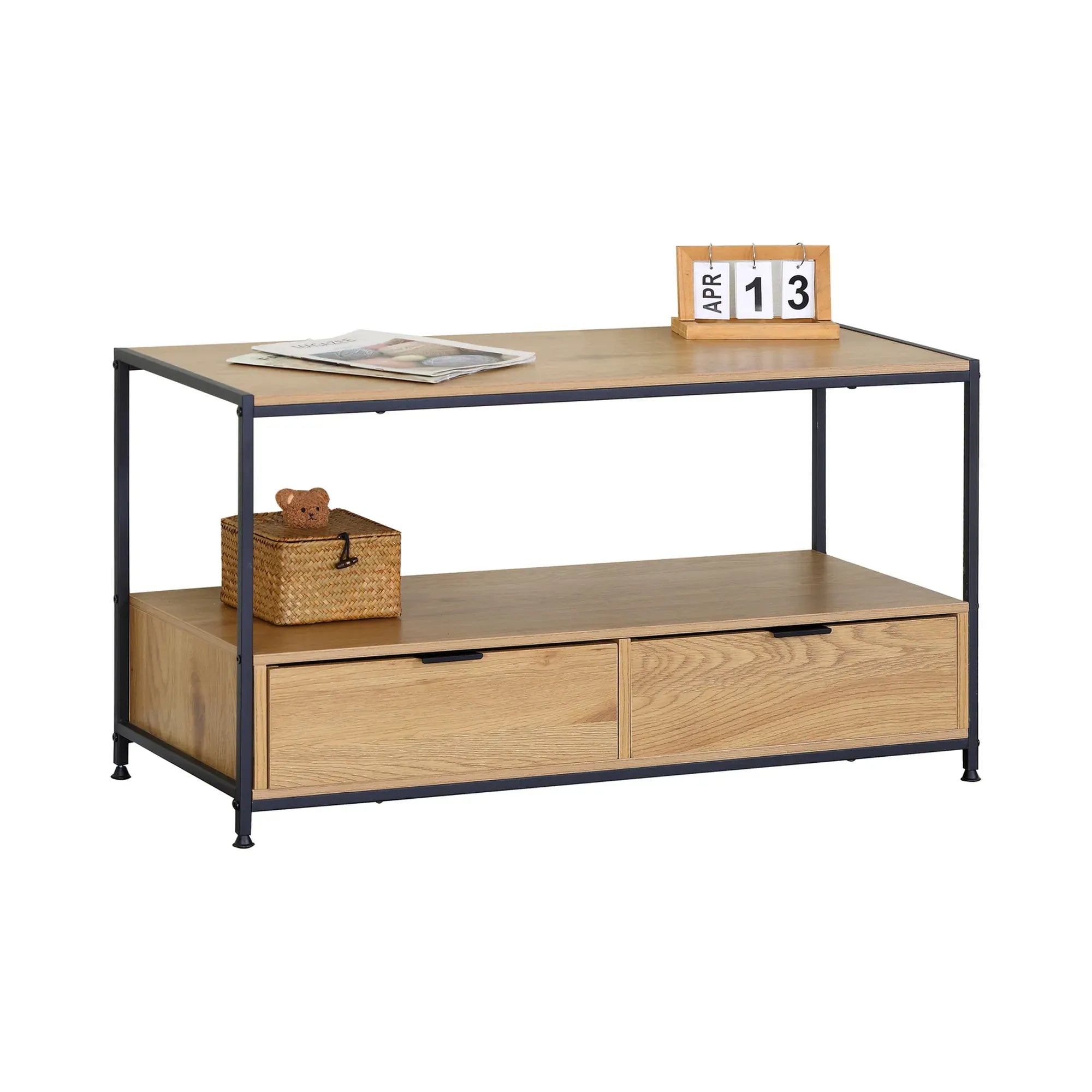 CARLA HOME Coffee Table with 2 Drawers - Open Shelf - Brown - Rustic - Steel - Living Room Bedroom