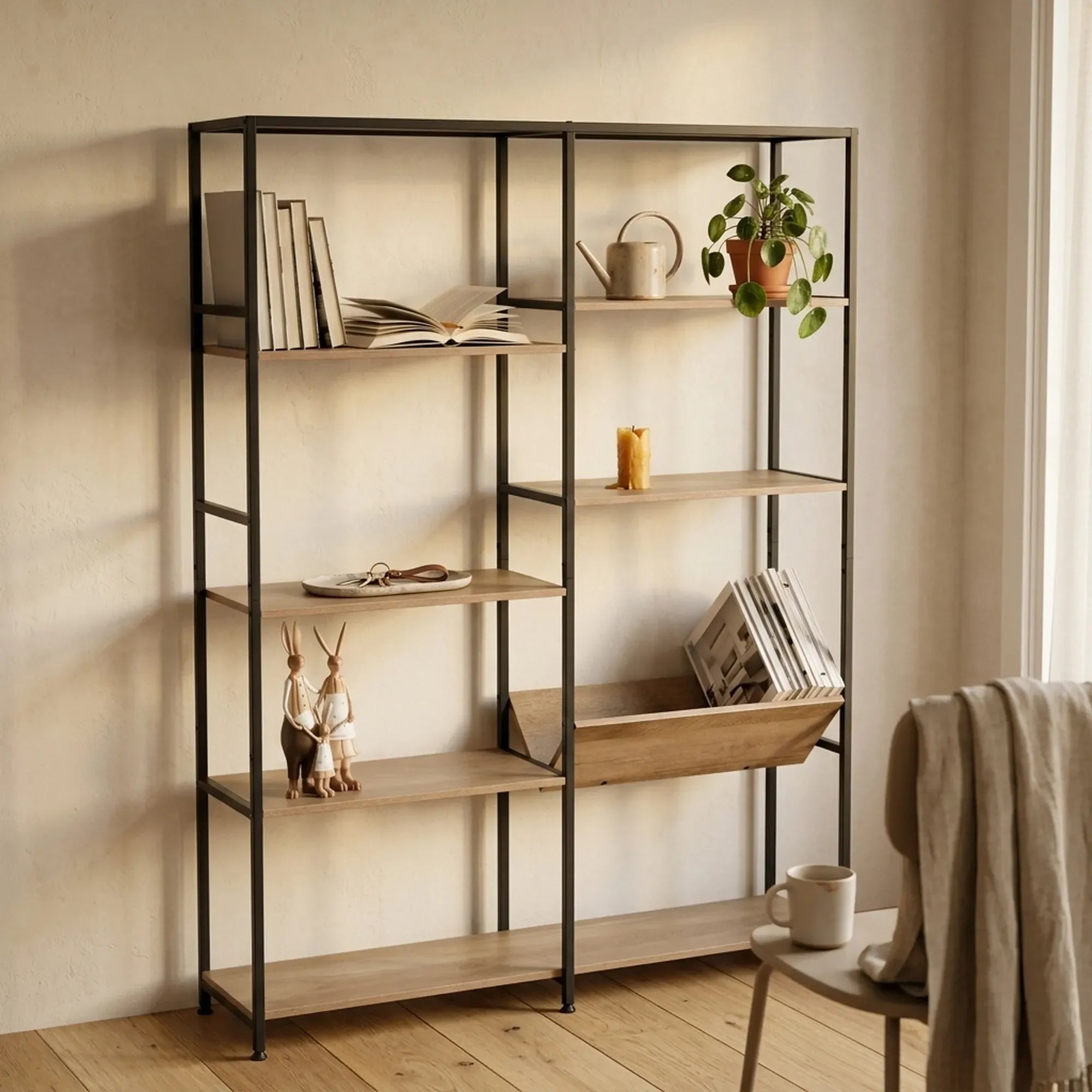 CARLA HOME 7 Shelf Bookcase - Wood Metal Display Shelf - Brown - Rustic - Steel - Living Room Office