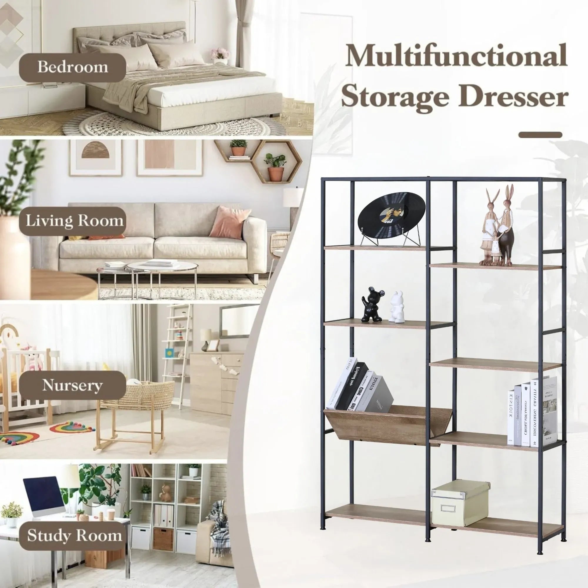 CARLA HOME 7 Shelf Bookcase - Wood Metal Display Shelf - Brown - Rustic - Steel - Living Room Office