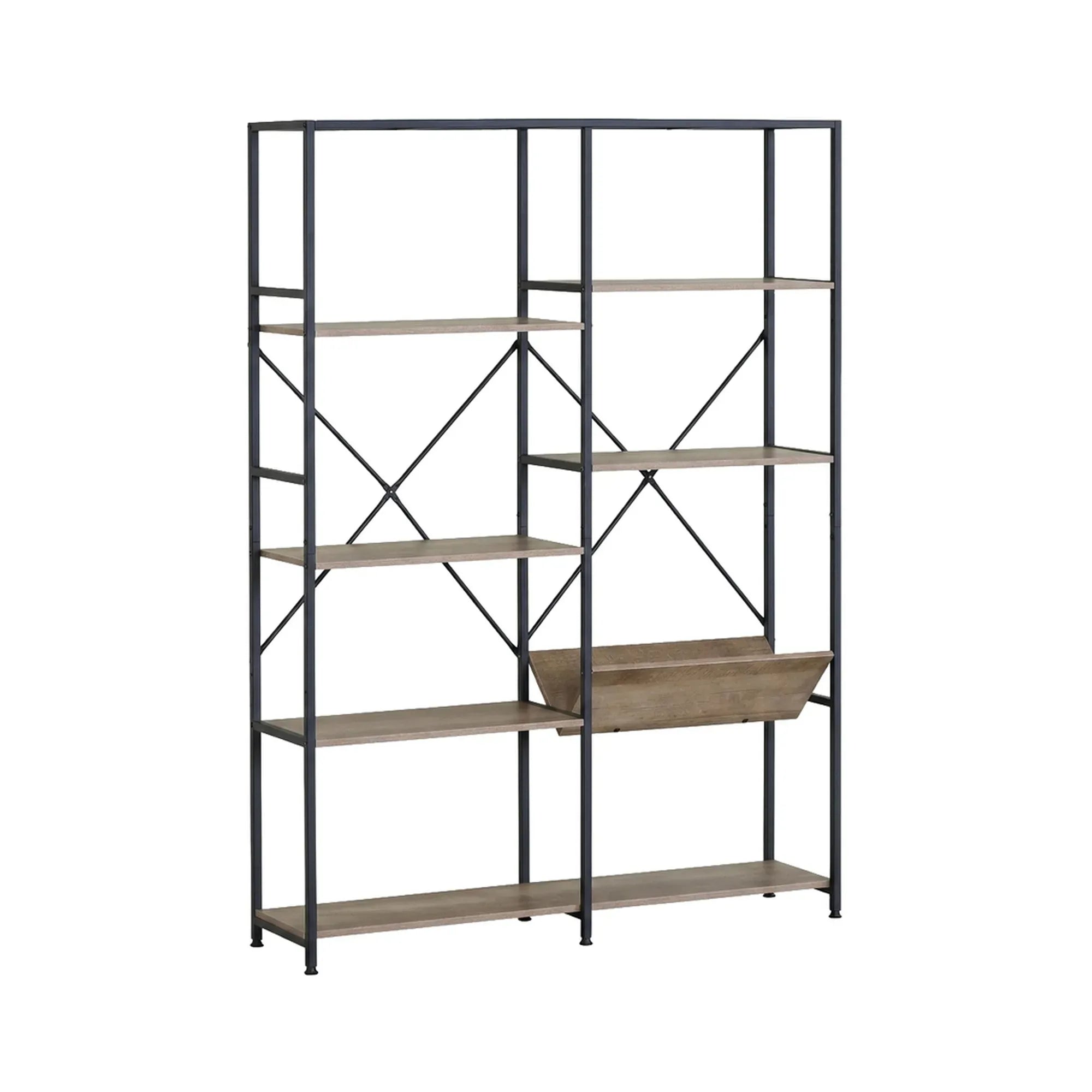 CARLA HOME 7 Shelf Bookcase - Wood Metal Display Shelf - Brown - Rustic - Steel - Living Room Office