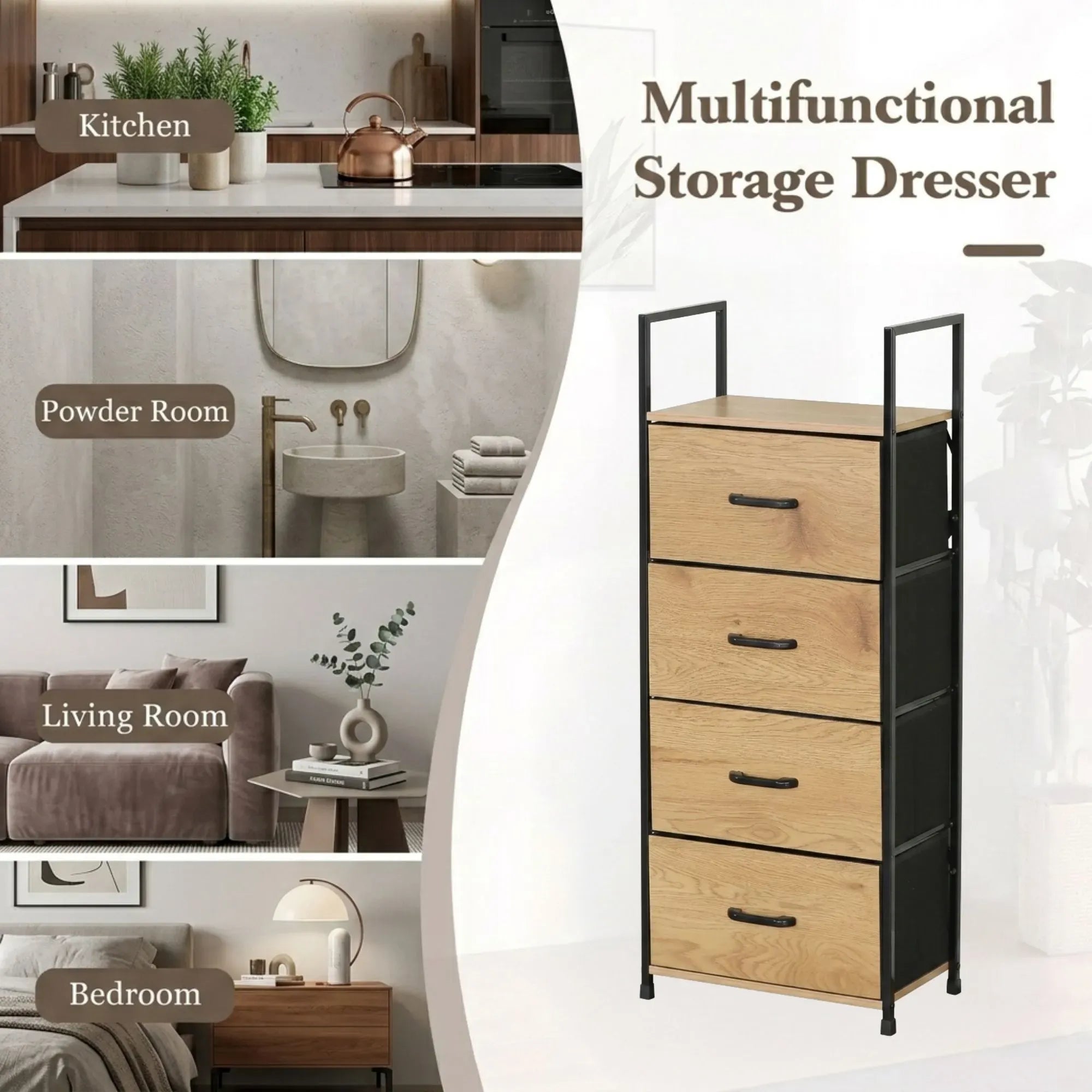 CARLA HOME 4 Drawer Tallboy Storage Cabinet - Brown - Rustic - Steel - Chest Drawers Tallboy
