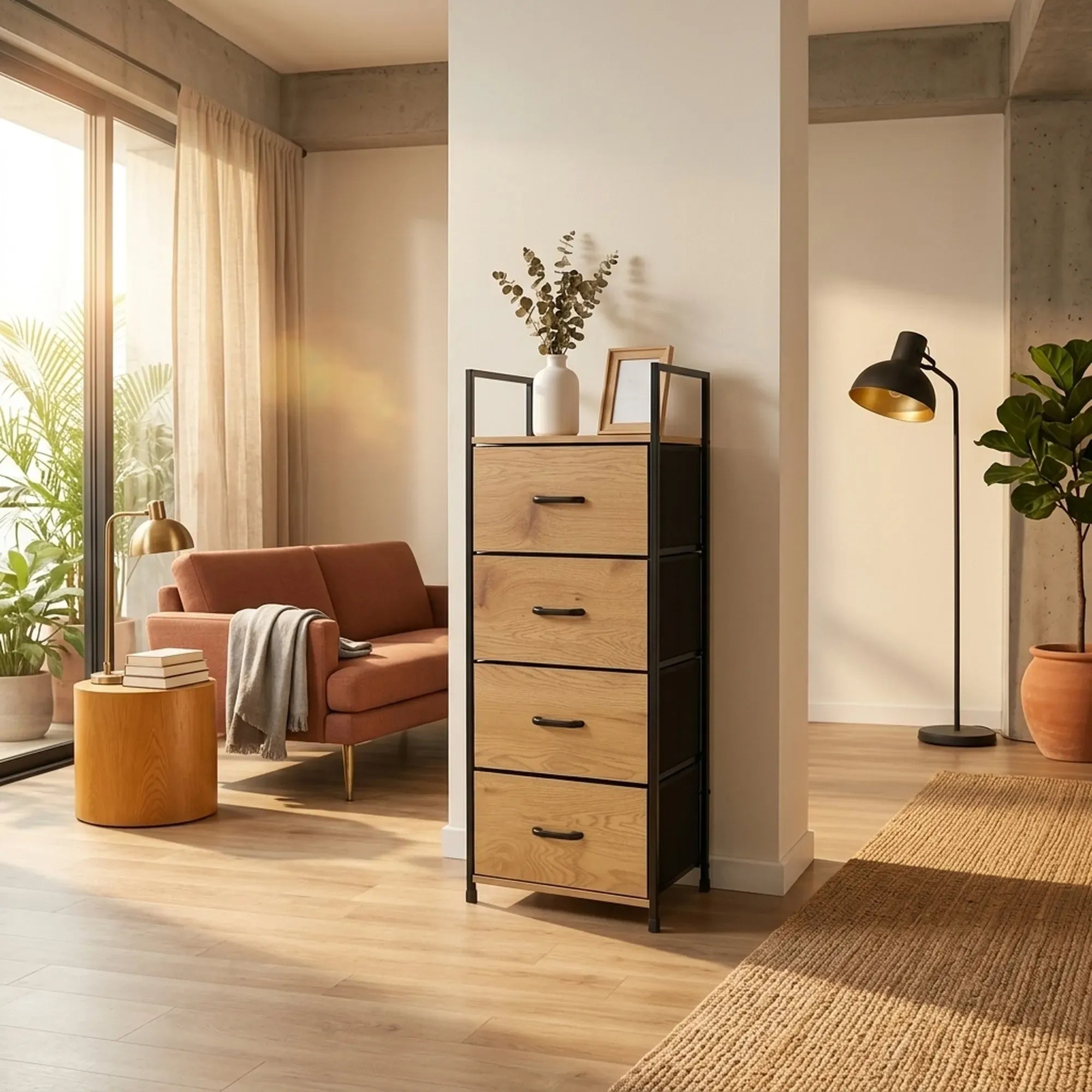 CARLA HOME 4 Drawer Tallboy Storage Cabinet - Brown - Rustic - Steel - Chest Drawers Tallboy