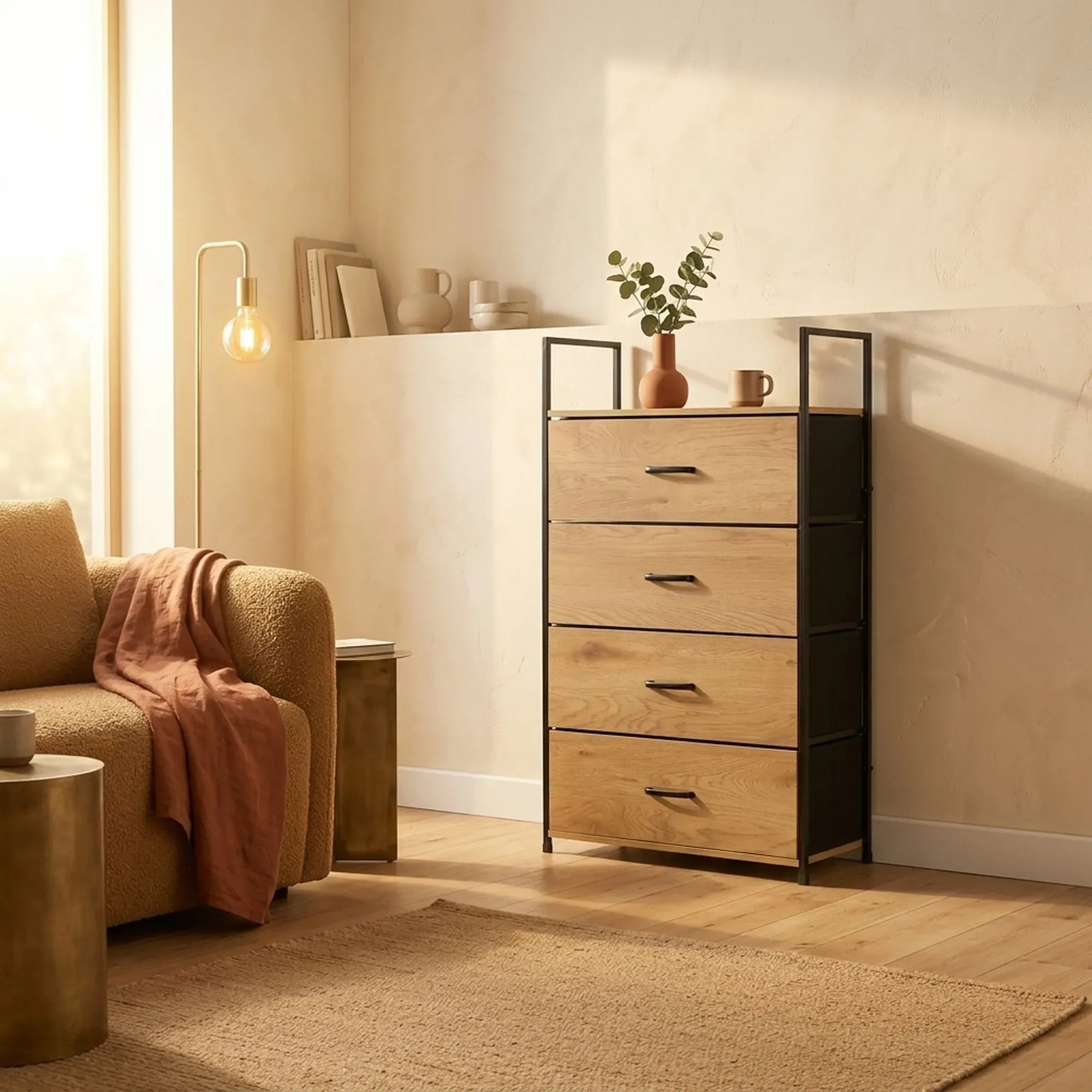 CARLA HOME 4 Drawer Tallboy Large Storage Cabinet - Brown - Rustic - Steel - Chest Drawers Tallboy