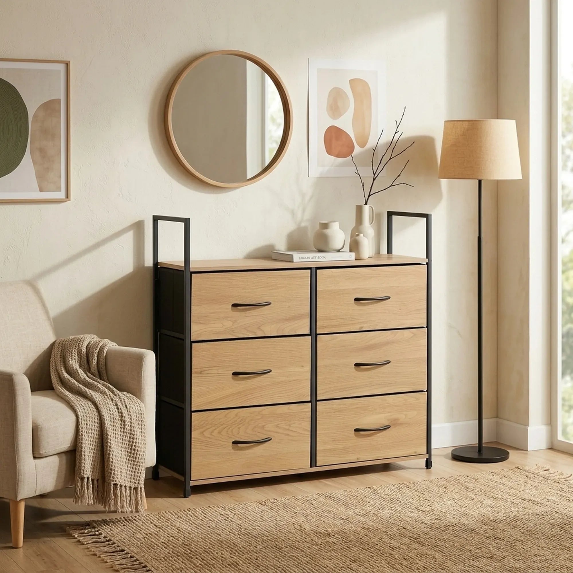 CARLA HOME 6 Drawer Tallboy Large Storage Cabinet - Brown - Rustic - Steel - Chest Drawers Tallboy