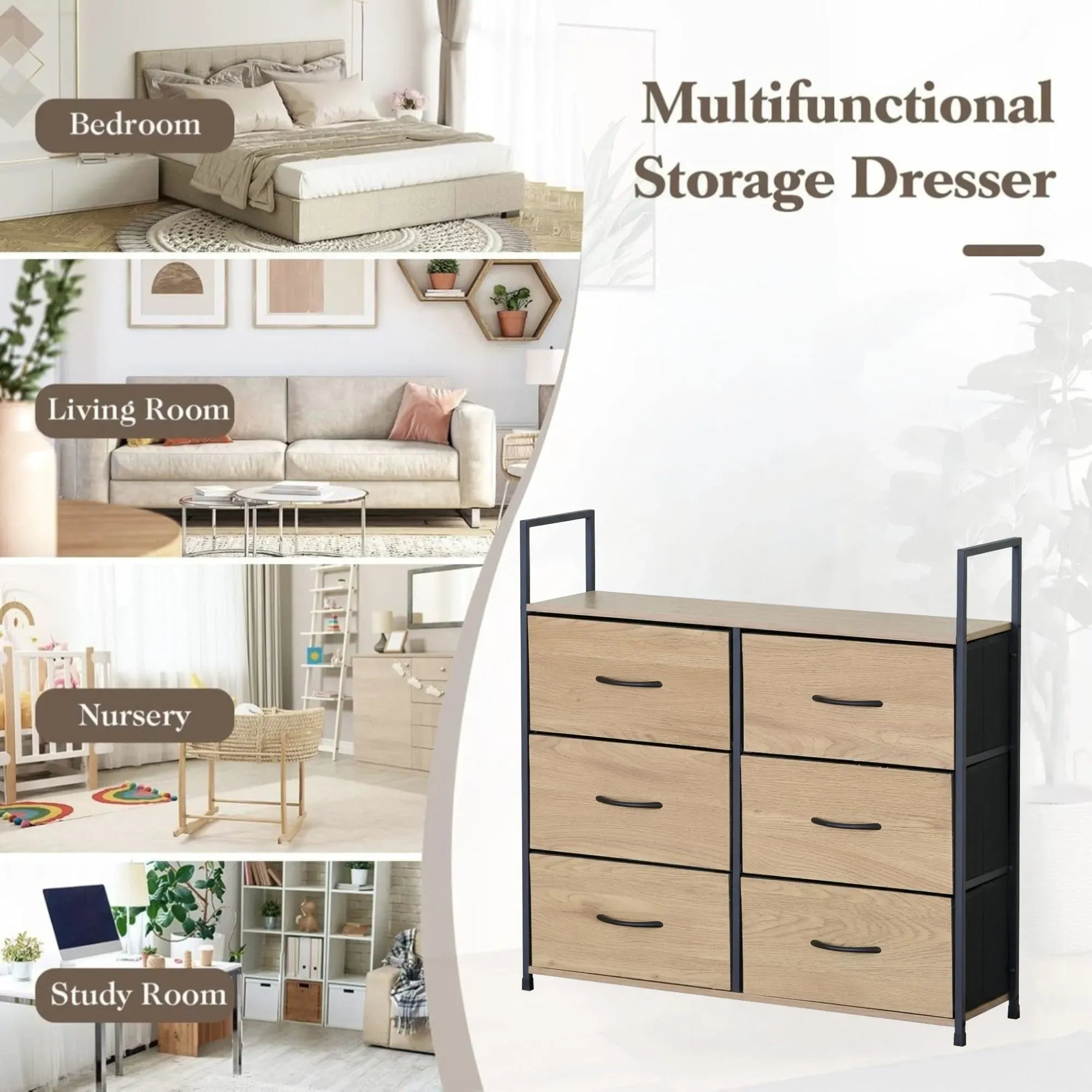 CARLA HOME 6 Drawer Tallboy Large Storage Cabinet - Brown - Rustic - Steel - Chest Drawers Tallboy