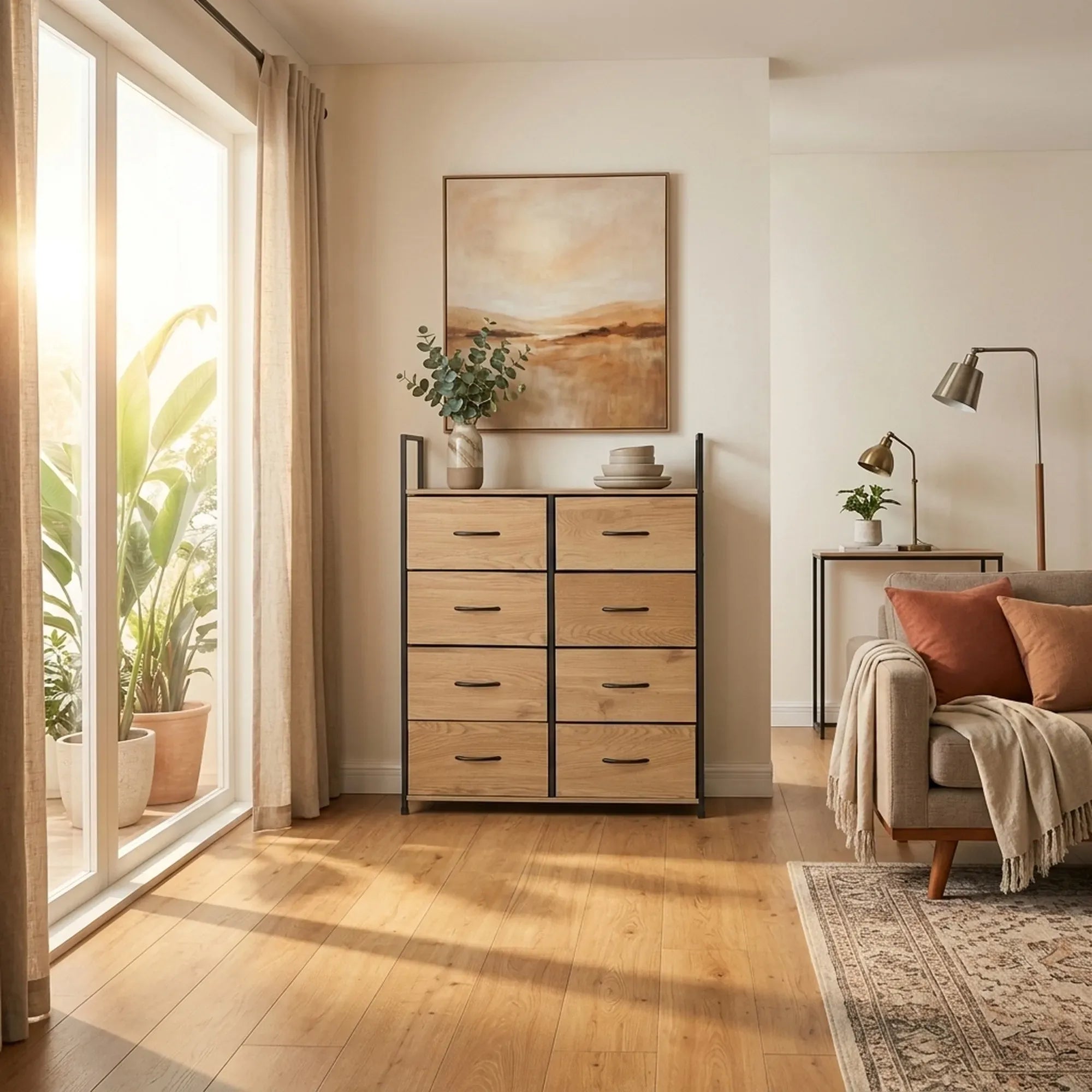 CARLA HOME 8 Drawer Tallboy Large Storage Cabinet - Brown - Rustic - Steel - Chest Drawers Tallboy