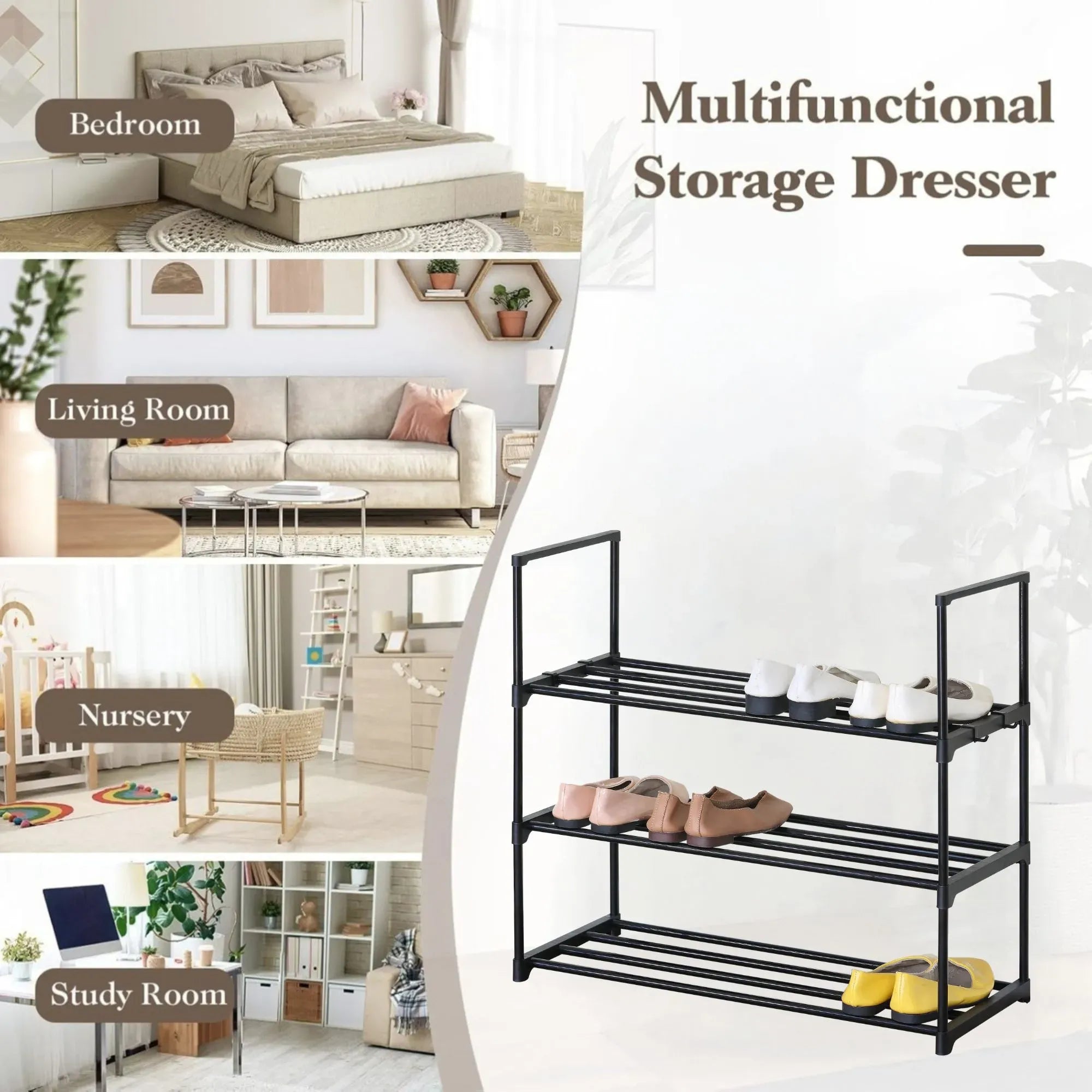CARLA HOME 3 Tier Metal Shoe Rack - Steel Storage Organiser - Black - Basic - Small Shoe Rack