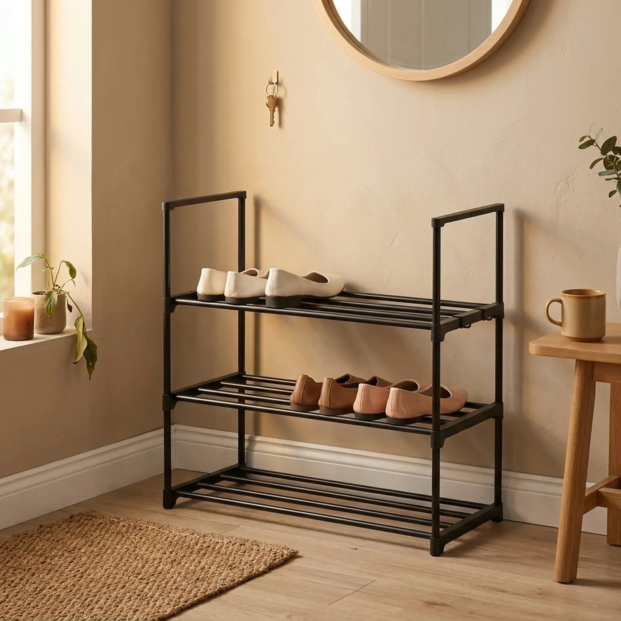 CARLA HOME 3 Tier Metal Shoe Rack - Steel Storage Organiser - Black - Basic - Small Shoe Rack