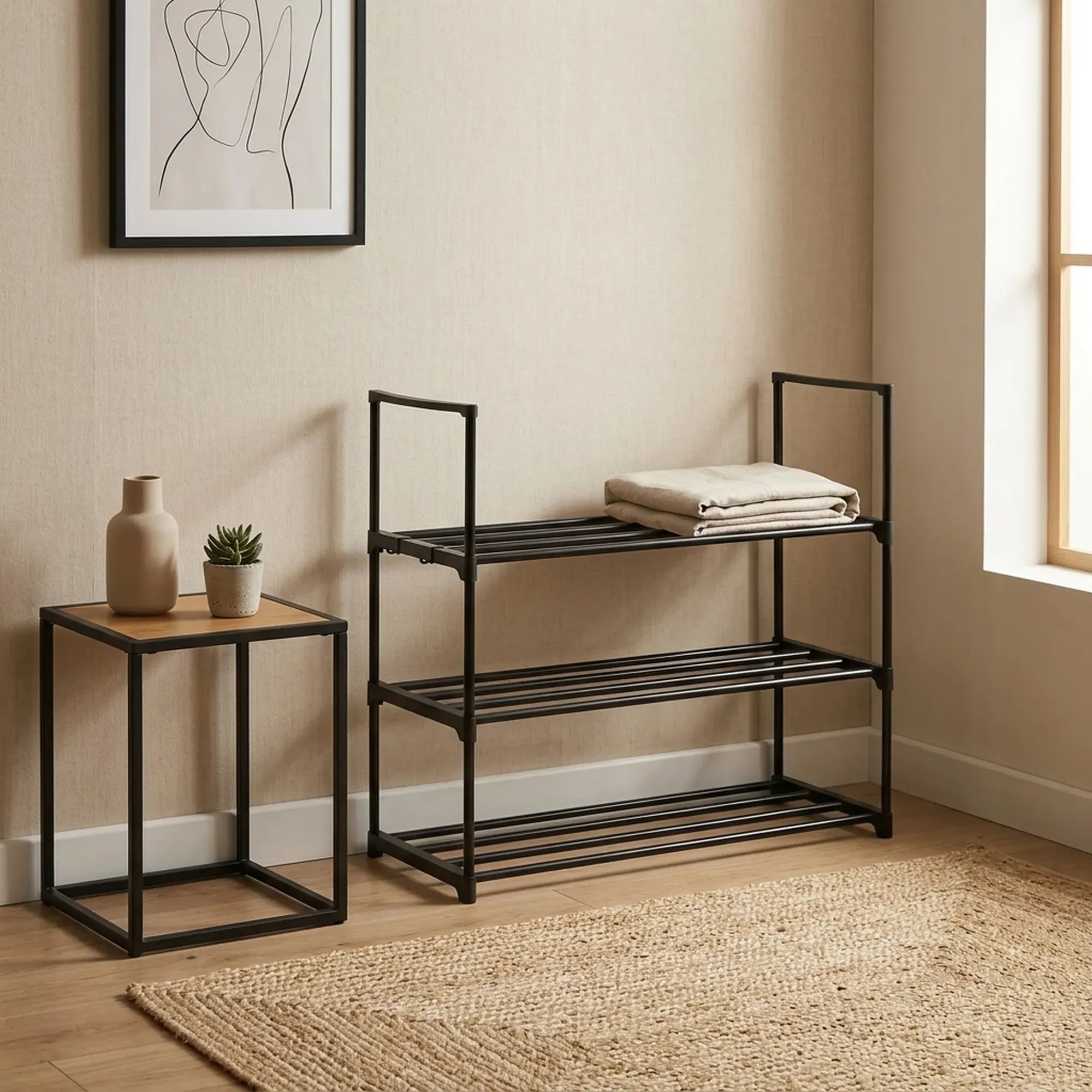 CARLA HOME 3 Tier Metal Shoe Rack - Steel Storage Organiser - Black - Basic - Small Shoe Rack