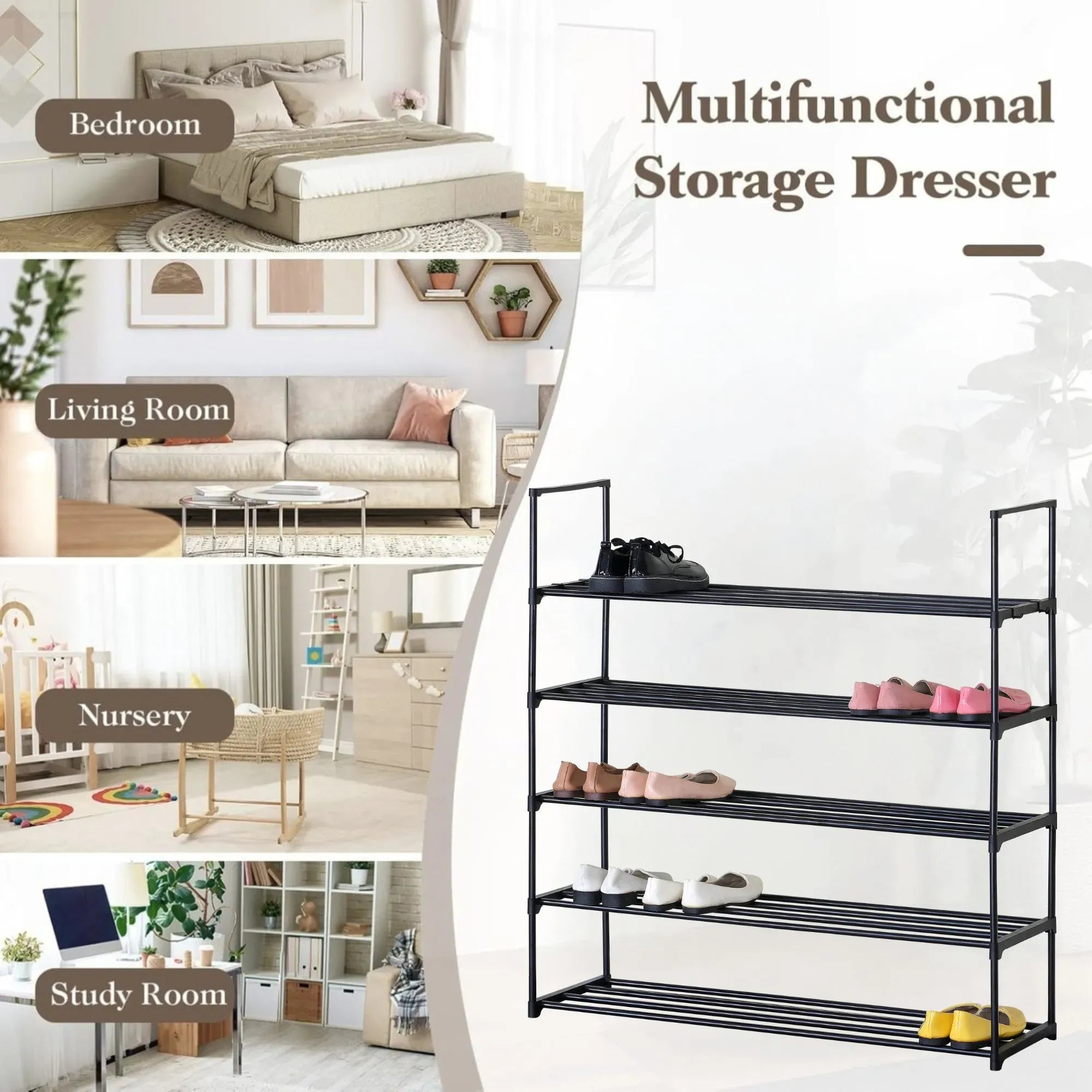 CARLA HOME 5 Tier Metal Shoe Rack - Free Standing Organiser - Black - Basic - Steel
