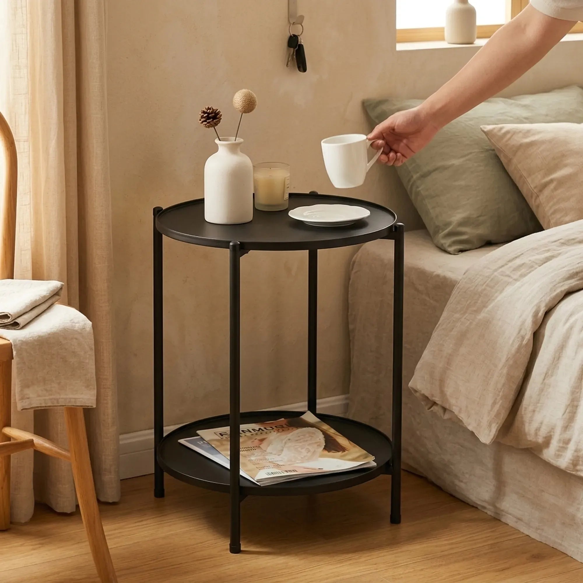 CARLA HOME 2 Tier Round Metal Side Table Black - 2 Shelf - Basic - 2 Layers Side Table