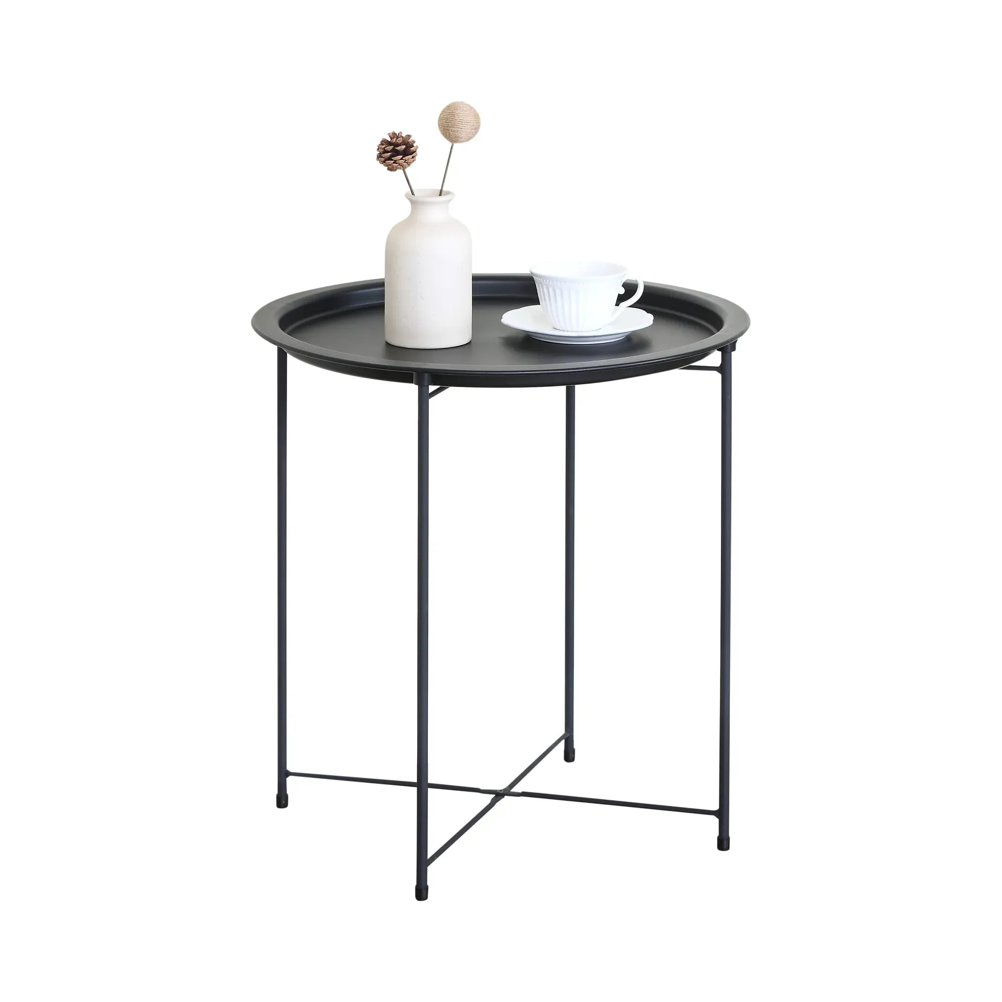 CARLA HOME Round Metal Side Table - Tray Top End Table - Black - 1 Layer Side Table