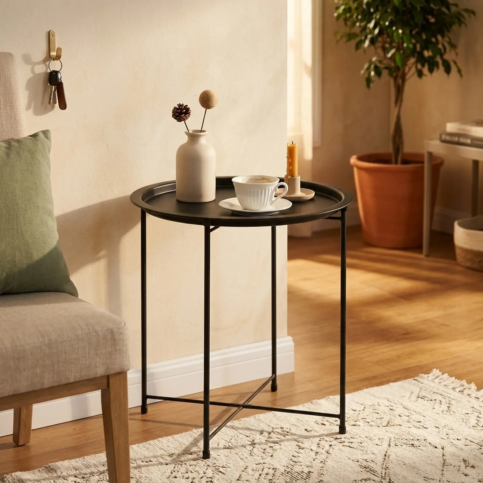 CARLA HOME Round Metal Side Table - Tray Top End Table - Black - 1 Layer Side Table