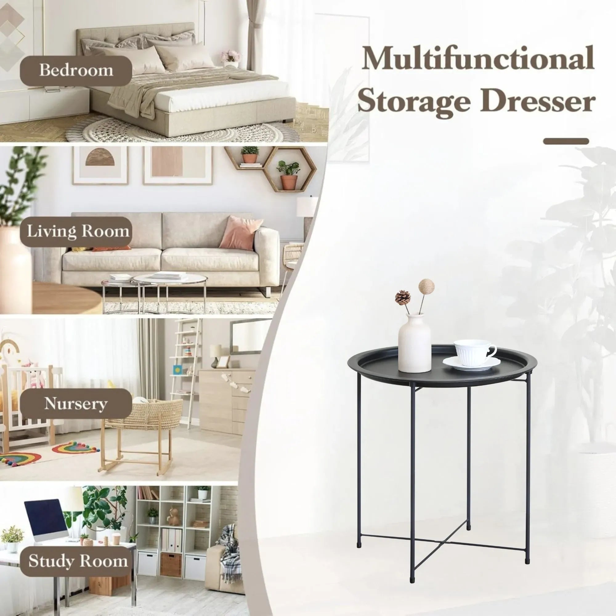 CARLA HOME Round Metal Side Table - Tray Top End Table - Black - 1 Layer Side Table