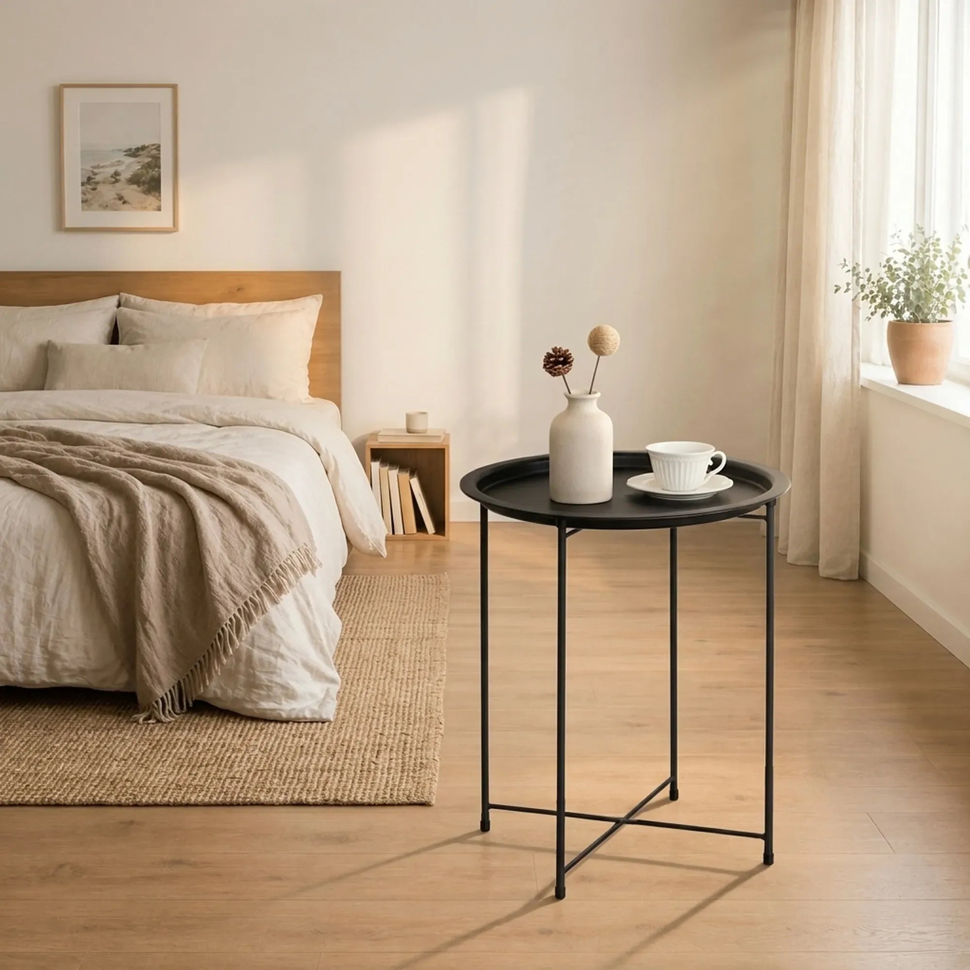 CARLA HOME Round Metal Side Table - Tray Top End Table - Black - 1 Layer Side Table