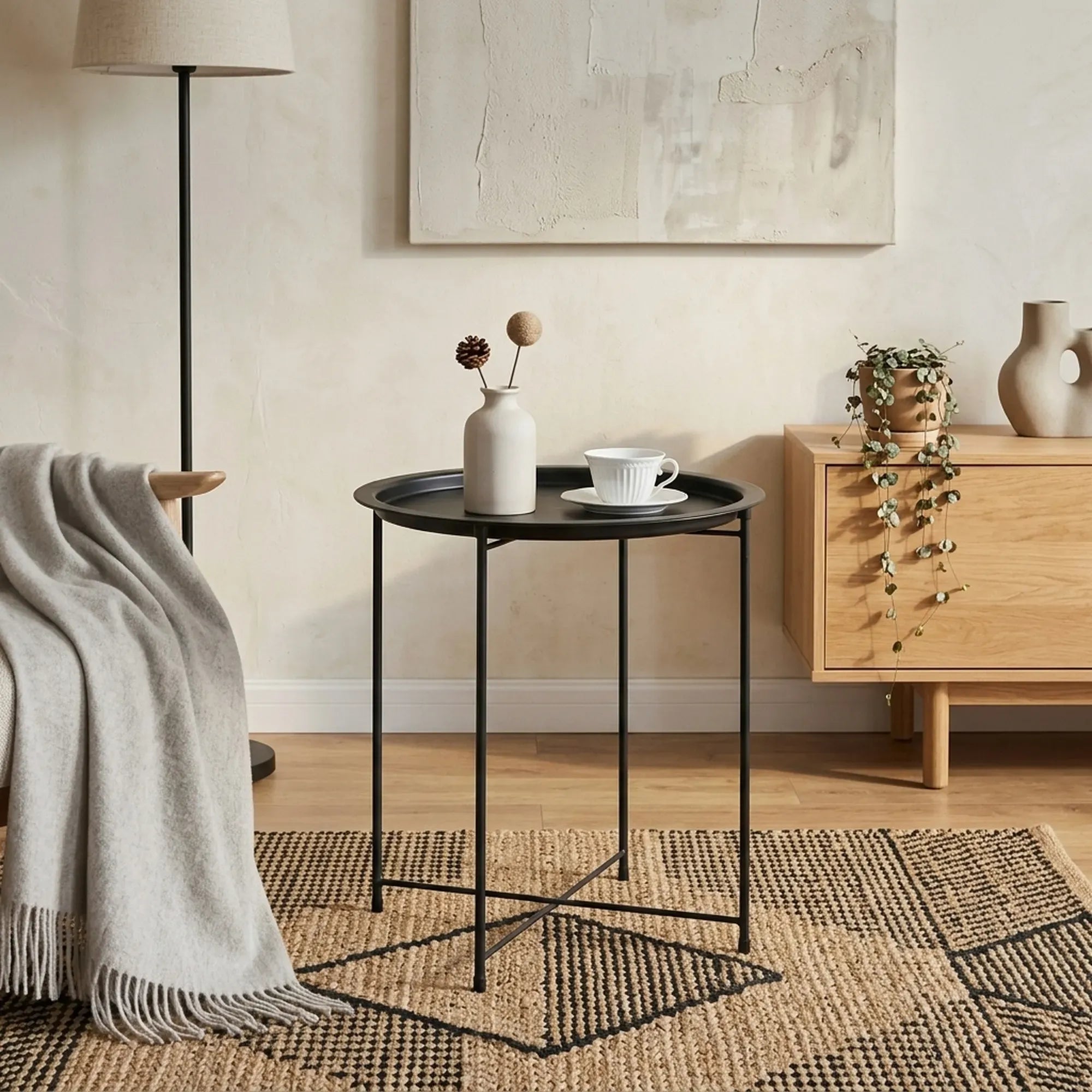 CARLA HOME Round Metal Side Table - Tray Top End Table - Black - 1 Layer Side Table
