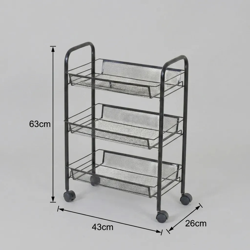 CARLA HOME 3 Tier Rolling Kitchen Trolley Cart - Metal Mesh - Black - Basic - Steel