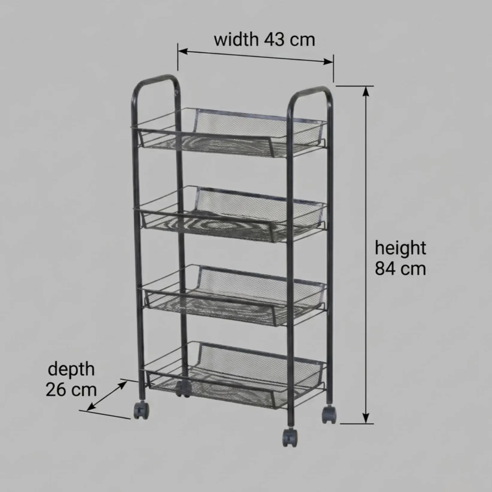 CARLA HOME 4 Tier Rolling Kitchen Trolley Cart - Metal Mesh - Black - Basic - Steel
