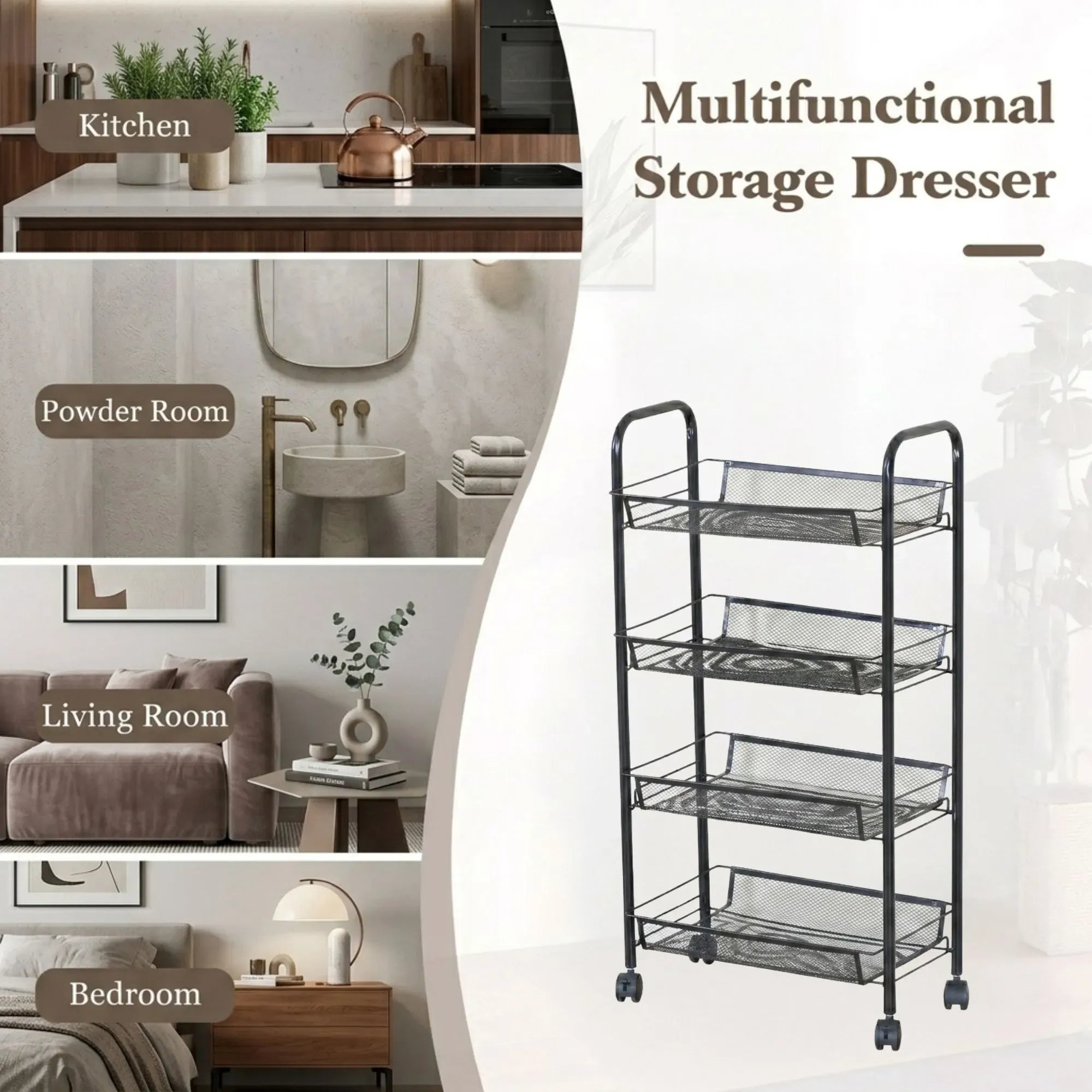CARLA HOME 4 Tier Rolling Kitchen Trolley Cart - Metal Mesh - Black - Basic - Steel
