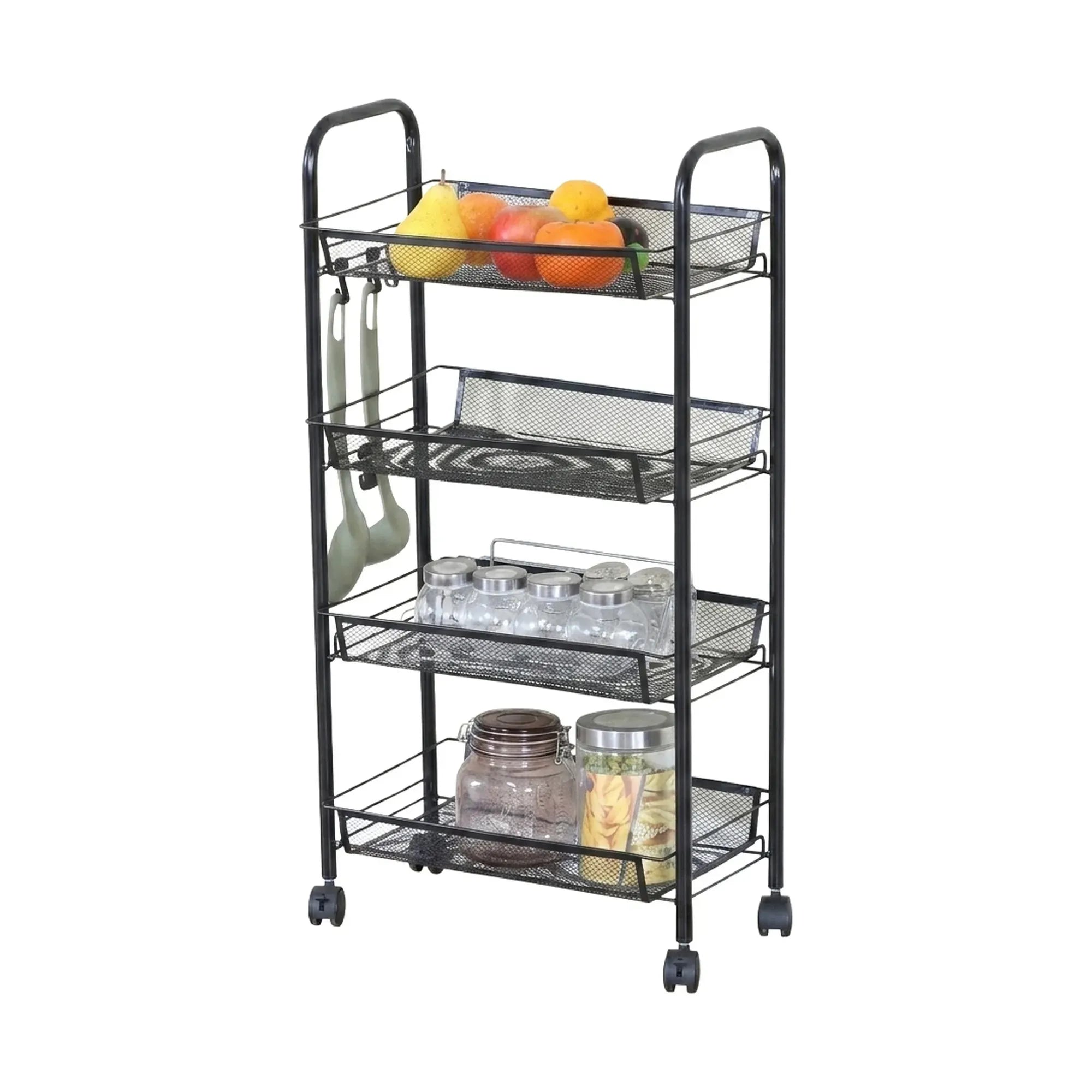 CARLA HOME 4 Tier Rolling Kitchen Trolley Cart - Metal Mesh - Black - Basic - Steel
