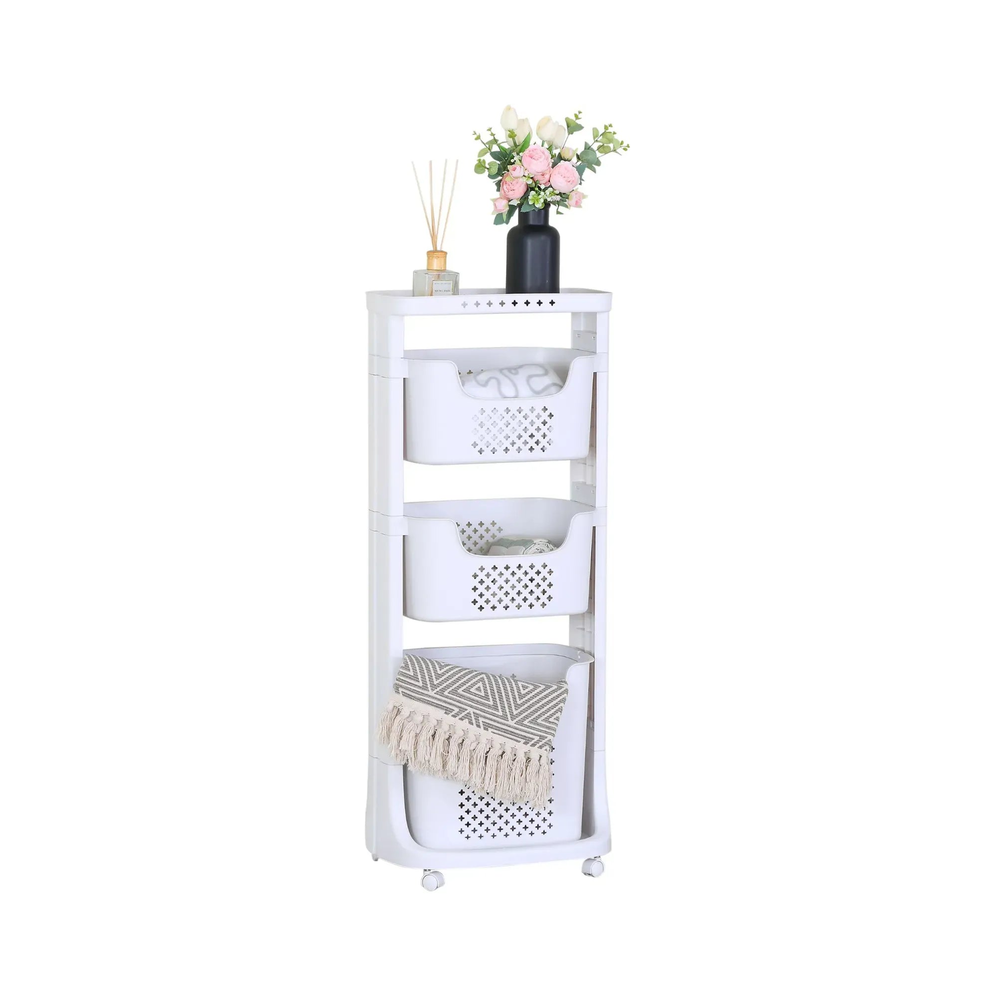 CARLA HOME 3 Tier Rolling Laundry Basket - White with Wheels - Basic - Plastic - 3 - tier Rolling Laundry