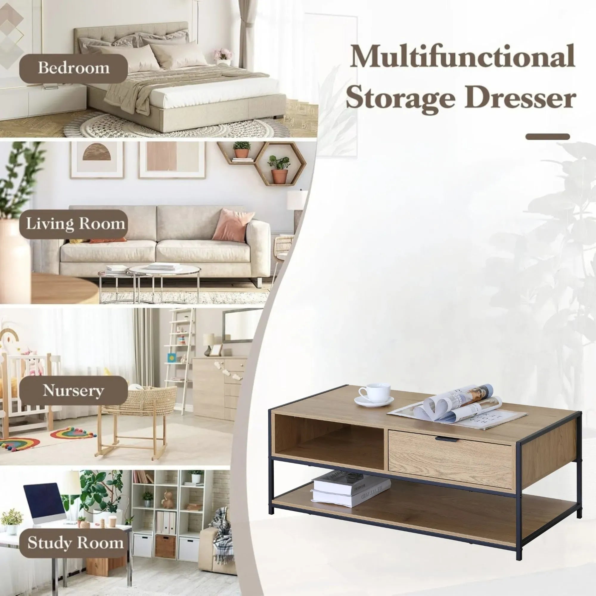 CARLA HOME Coffee Table with Drawer - Wood and Metal Frame - Brown - Rustic - Steel