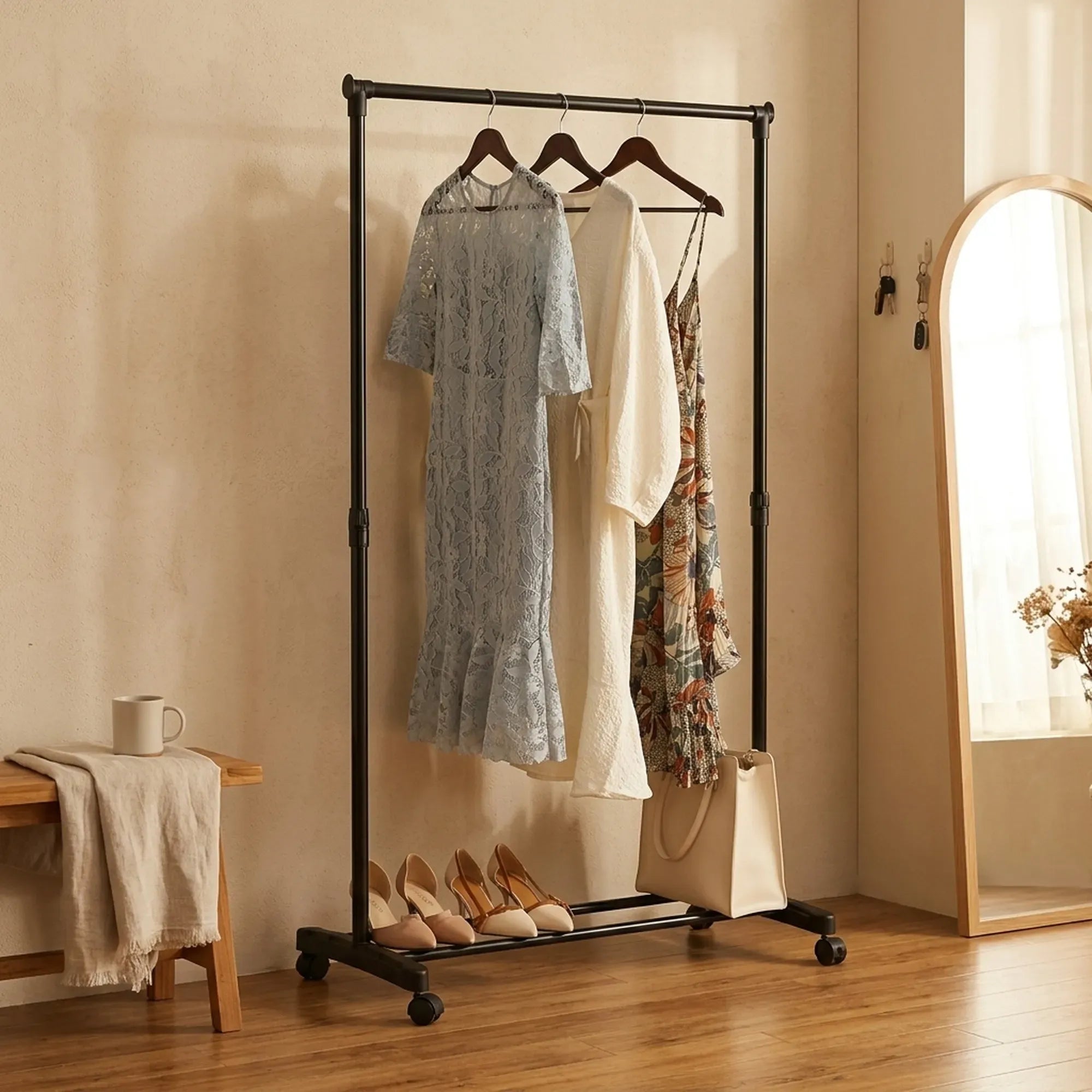 CARLA HOME Clothes Rack with Wheels - Adjustable Height Rail - Black - Garment Rack