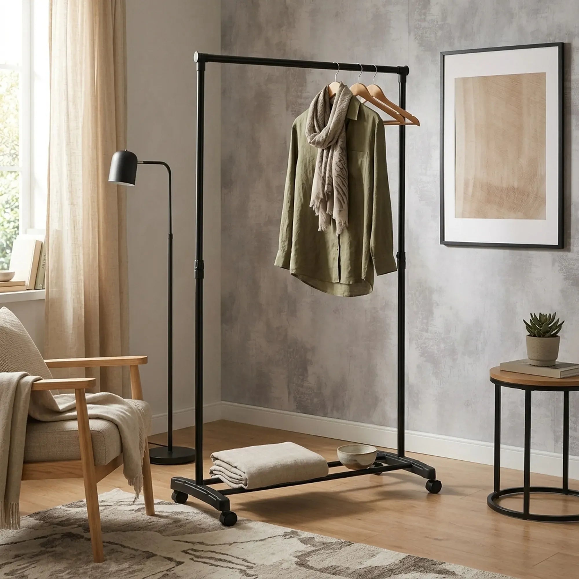 CARLA HOME Clothes Rack with Wheels - Adjustable Height Rail - Black - Garment Rack