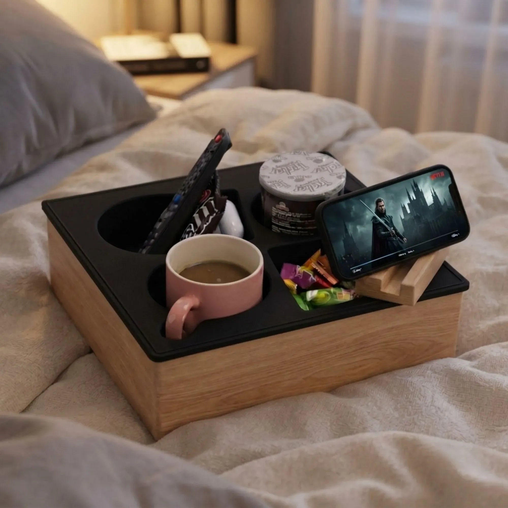 CARLA HOME Couch Cup Holder Tray, Wood Sofa Caddy, Antislip, Living Room
